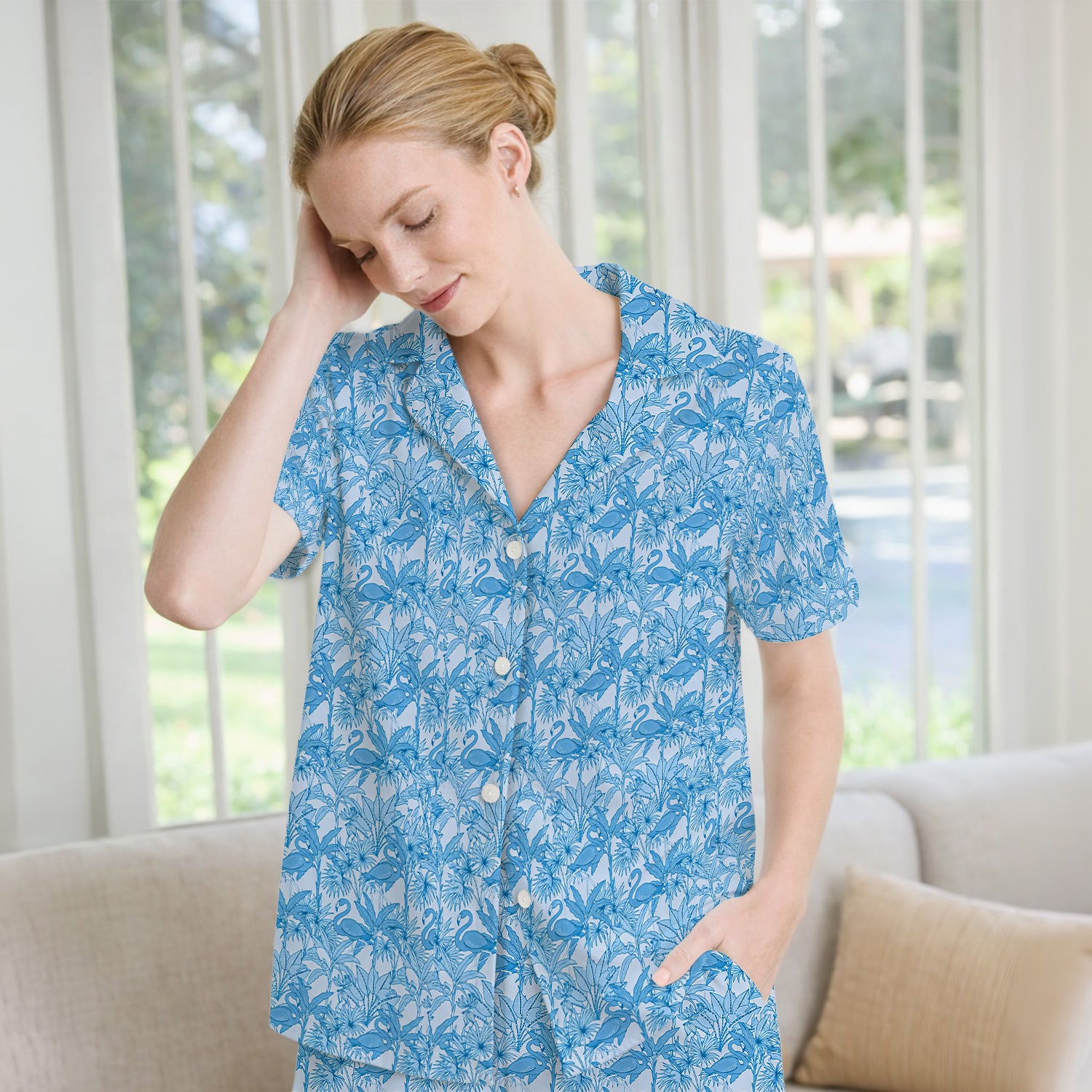 Tropical Flamingo Palm Leaves Pattern Pajama Set, Breathable Fabrics Uniform