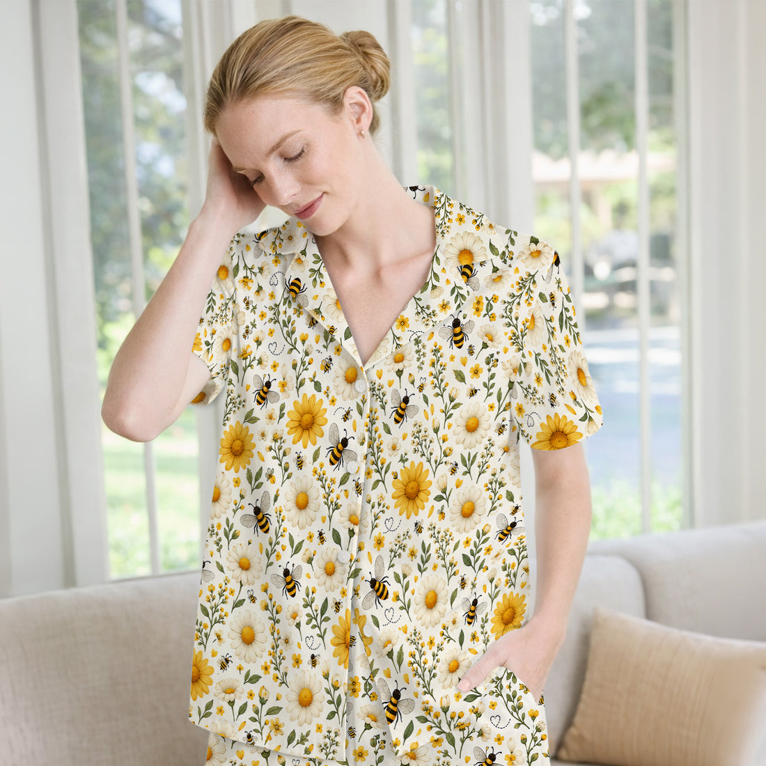 Niedliches Pyjama-Set mit Honigbienen- und Gänseblümchenmuster, weiche, atmungsaktive Nachtwäsche aus bequemem Stoff