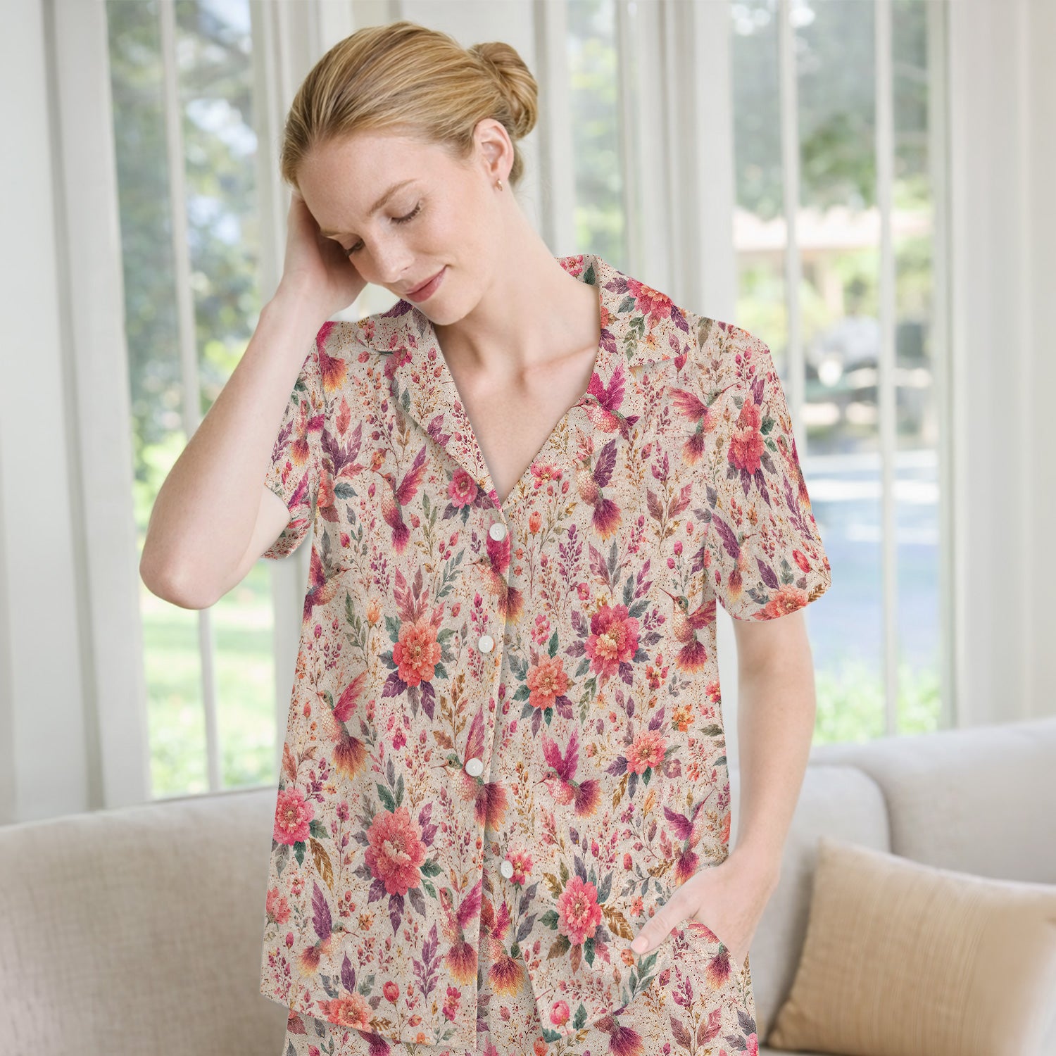 Hummingbird Floral Garden Pattern Pajama Set, Soft Breathable Fabric Comfortable Sleepwear