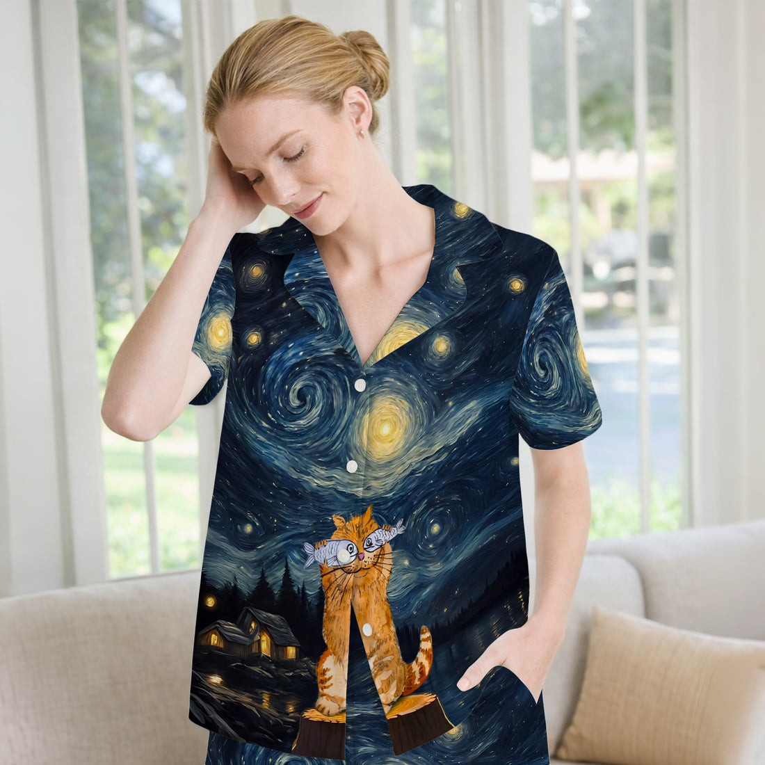 Cat Under Starry Night Sky Art Print Pajama Set,  Breathable Fabrics Uniform