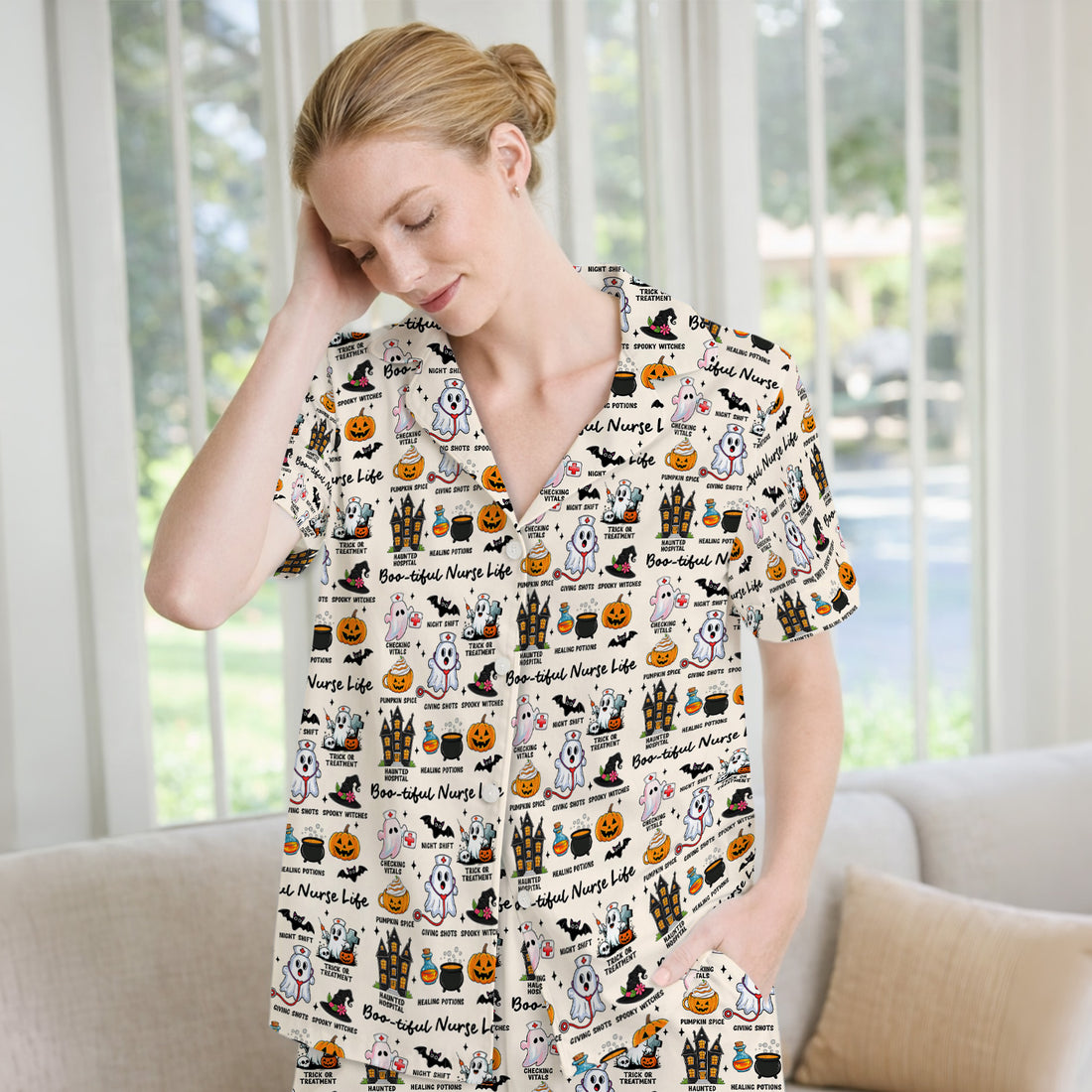 Spooky Halloween Boo-tiful Nurse Life Pajama Set, Soft Breathable Fabric Comfortable Sleepwear