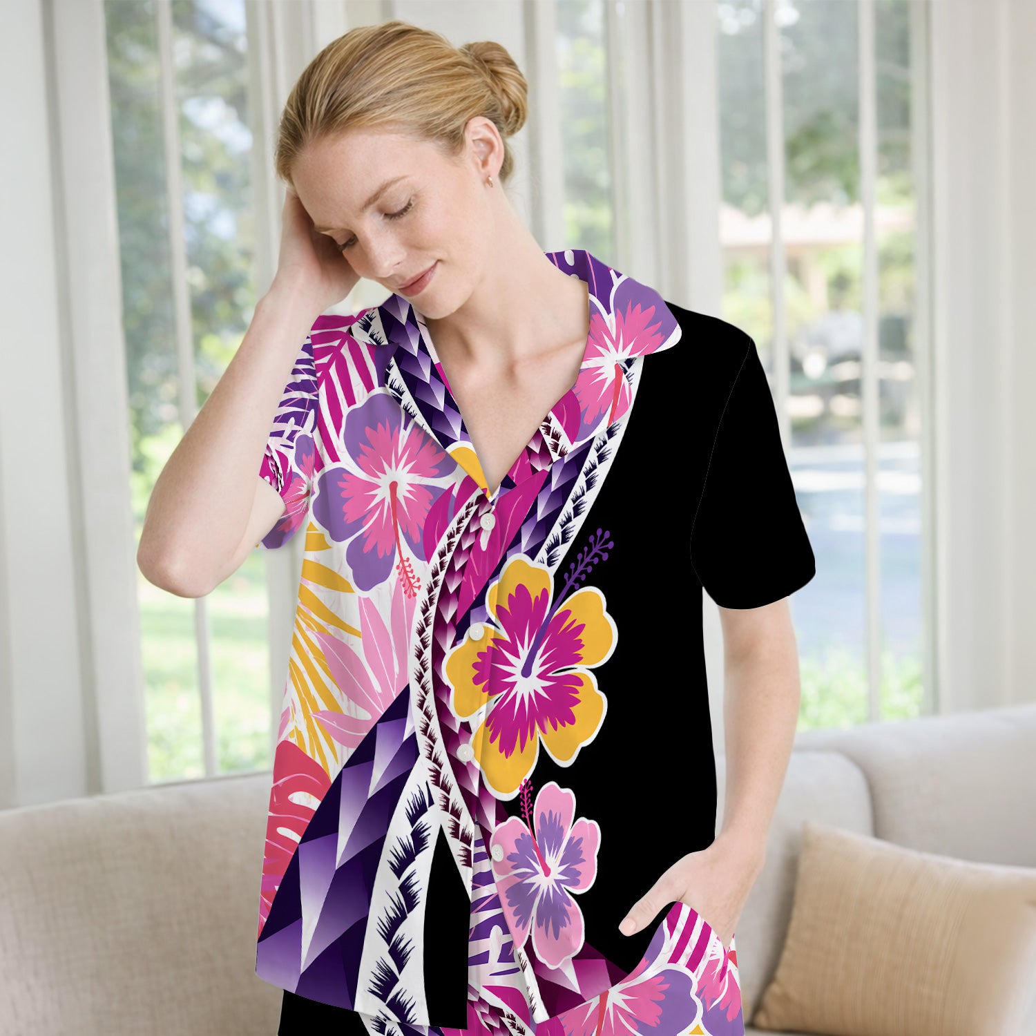 Nurse Tropical Hibiscus Leaf Pattern Pajama Set, Soft Breathable Fabric Comfortable Sleepwear