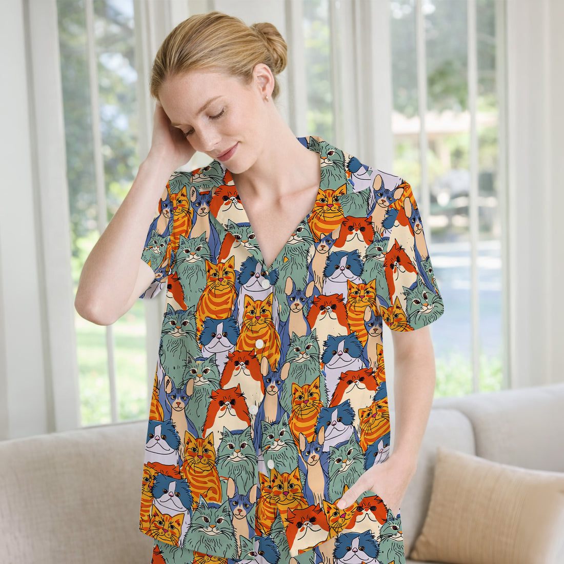 Cute Multicolor Cat Faces Illustration Pattern Pajama Set, Soft Breathable Fabric Comfortable Sleepwear