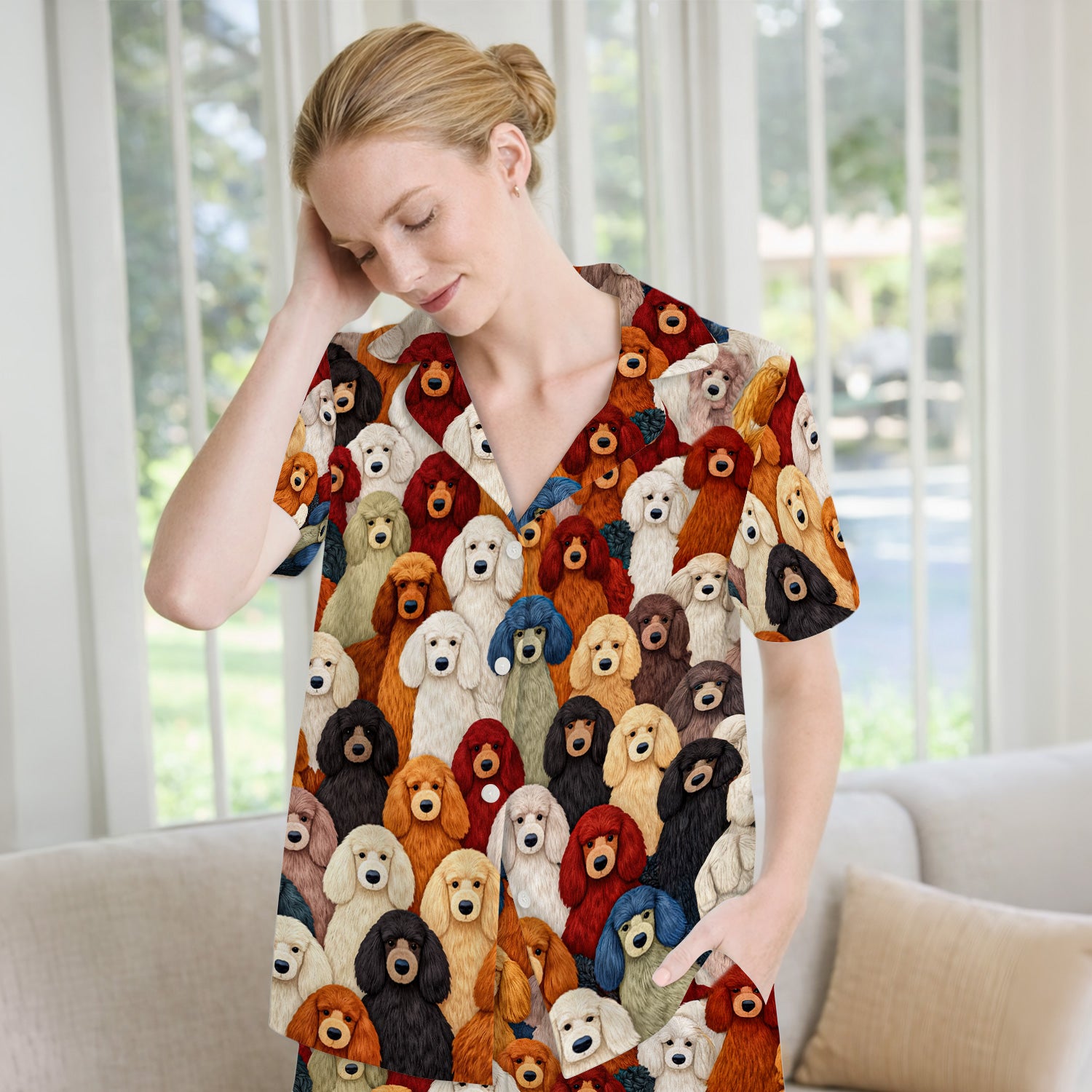 Multicolor Poodle Dog Pattern Pajama Set, Breathable Fabrics Uniform