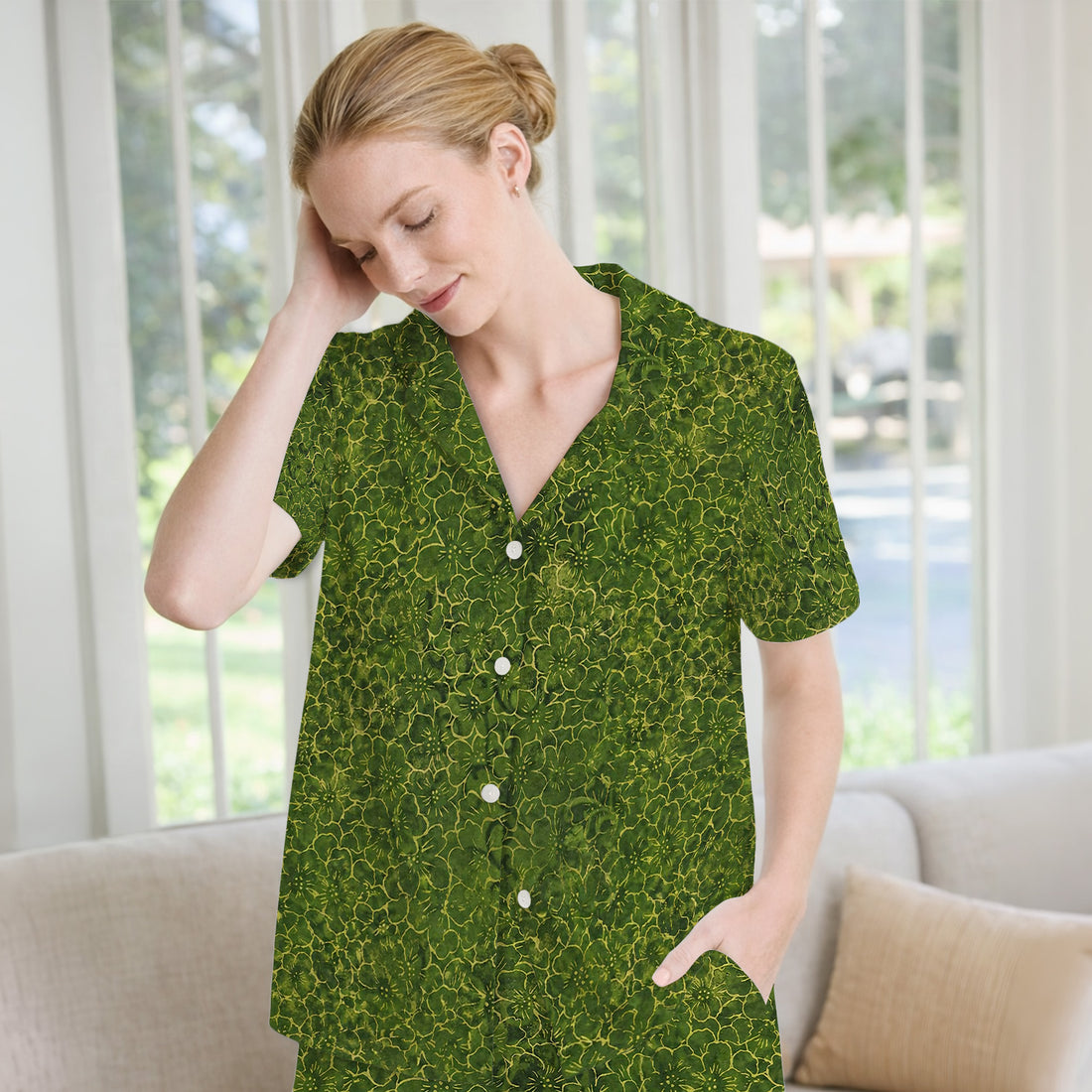 Green Floral Blossom Pattern Pajama Set, Soft Breathable Fabric Comfortable Sleepwear