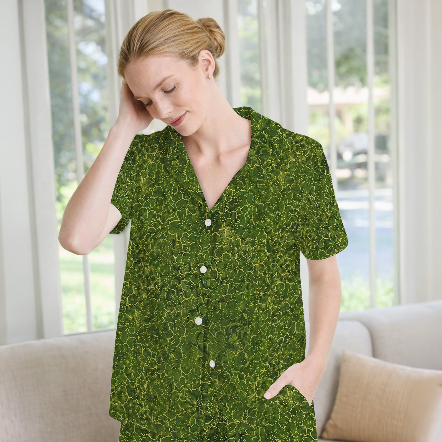 Green Floral Blossom Pattern Pajama Set, Soft Breathable Fabric Comfortable Sleepwear