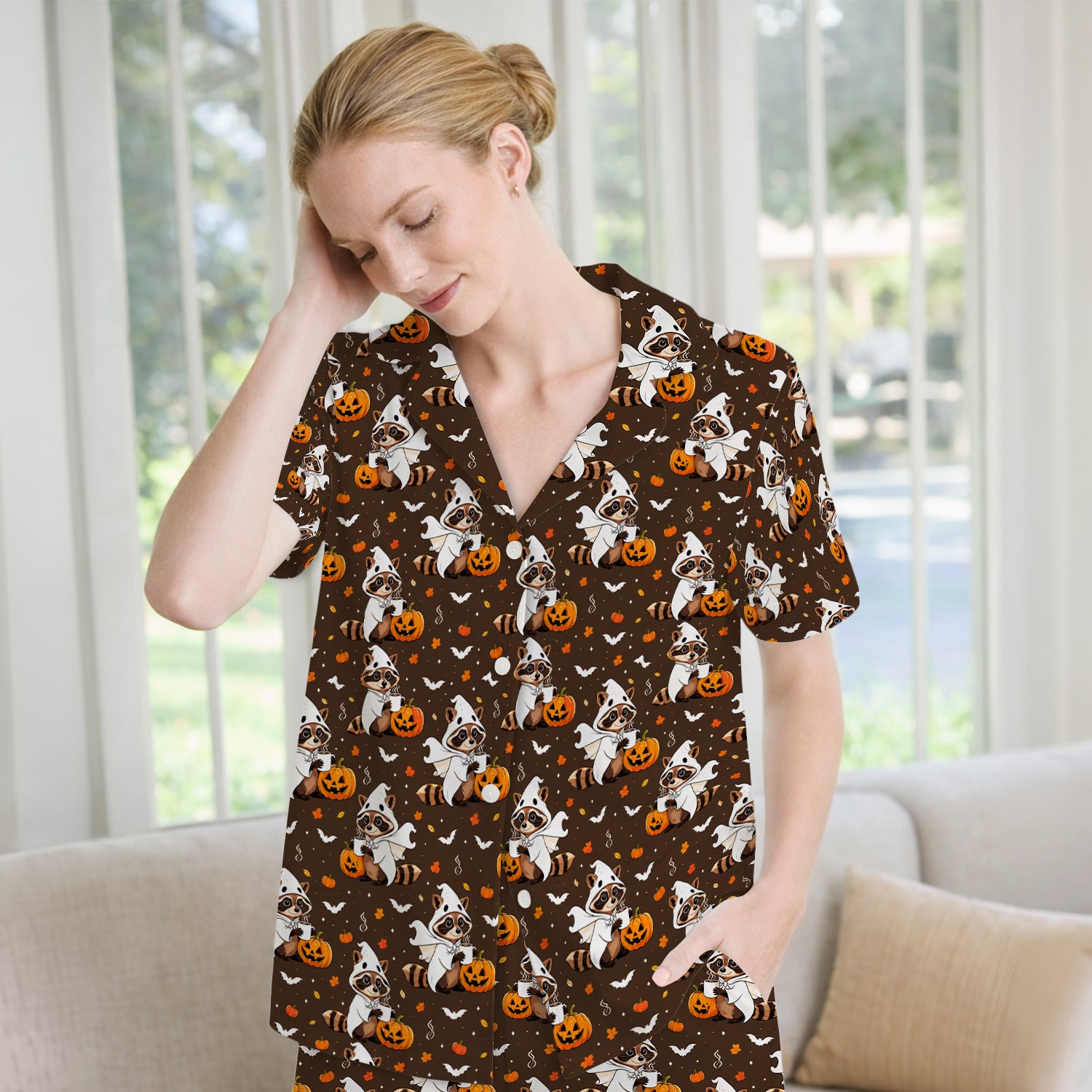 Halloween Ghost Raccoon Pumpkin Pajama Set, Soft Breathable Fabric Comfortable Sleepwear