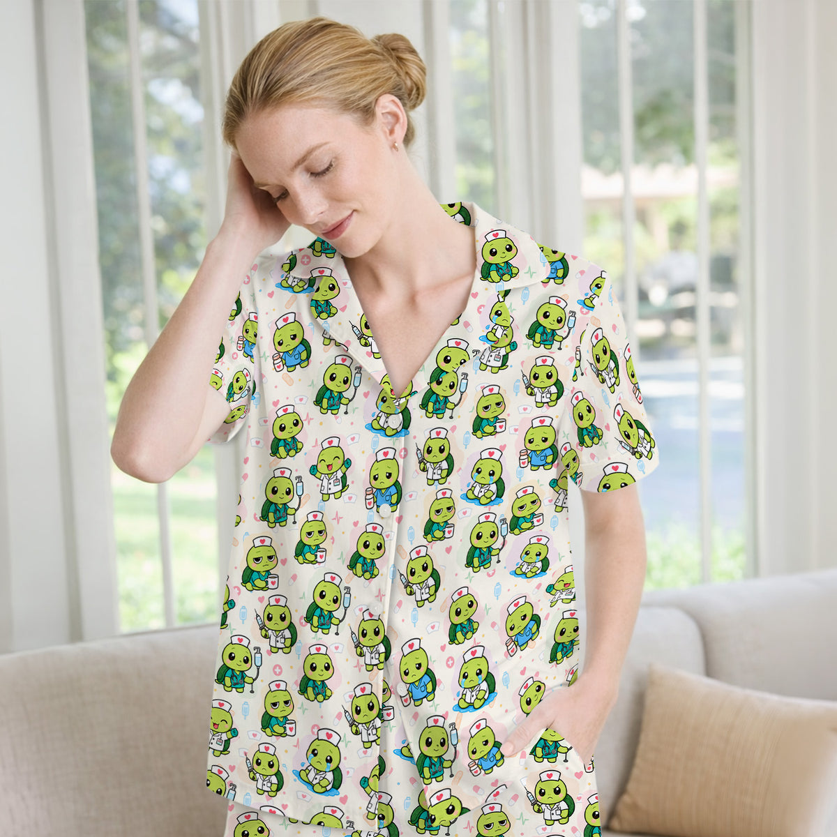 Cute Nurse Turtle Medical Icons Pajama Set, Soft Breathable Fabric Comfortable Sleepwear