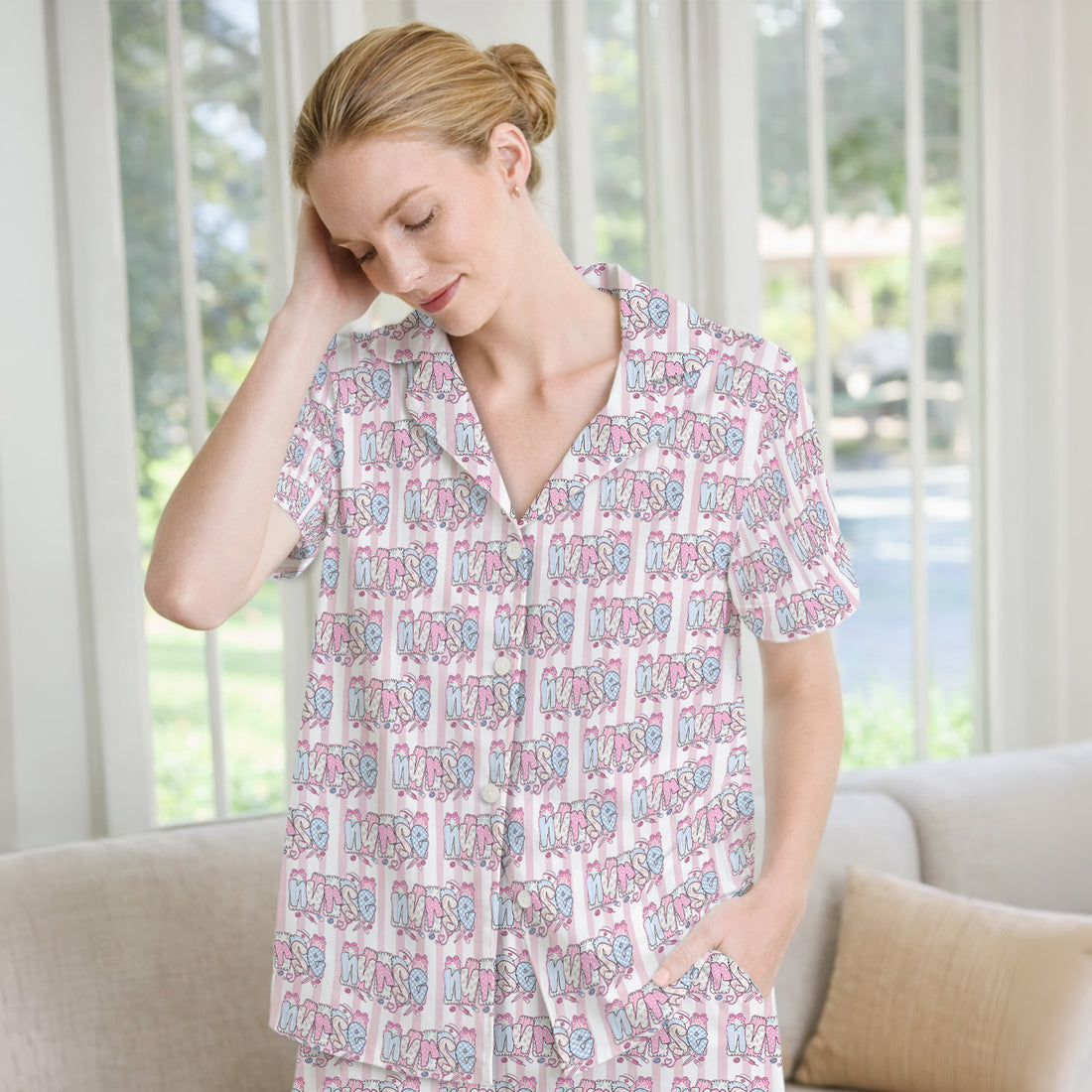 Cute Pastel Nurse Pattern Pajama Set, Breathable Fabrics Uniform