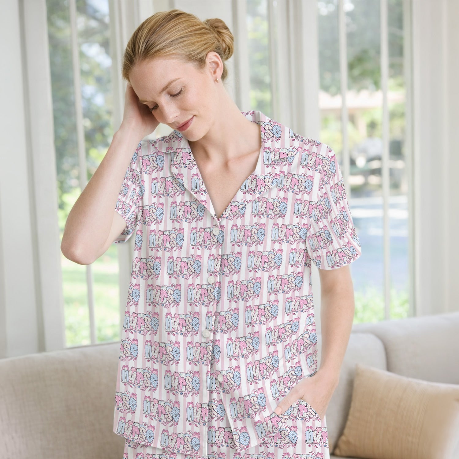 Cute Pastel Nurse Pattern Pajama Set, Breathable Fabrics Uniform