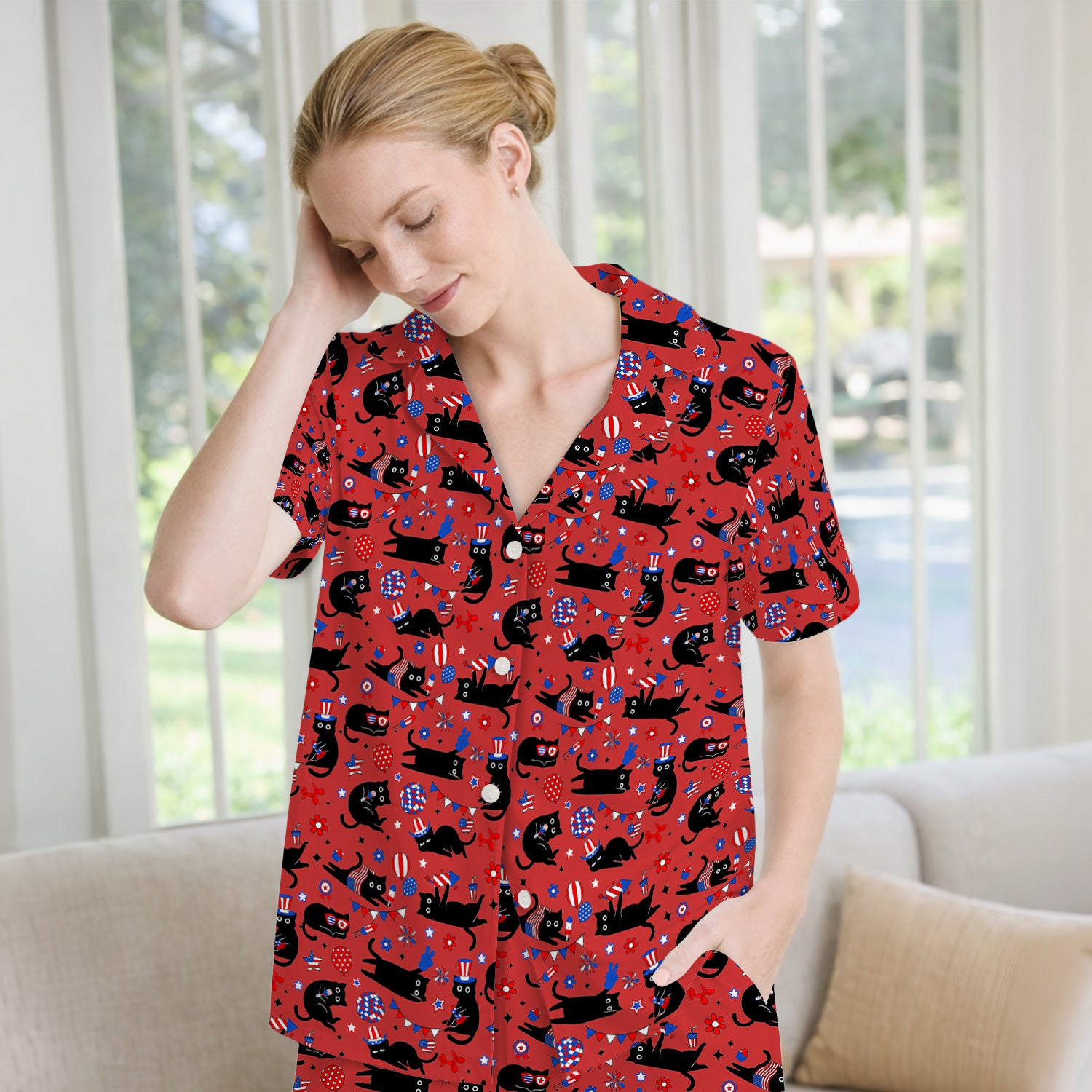 Patriotic Black Cat Pattern Pajama Set, Soft Breathable Fabric Comfortable Sleepwear