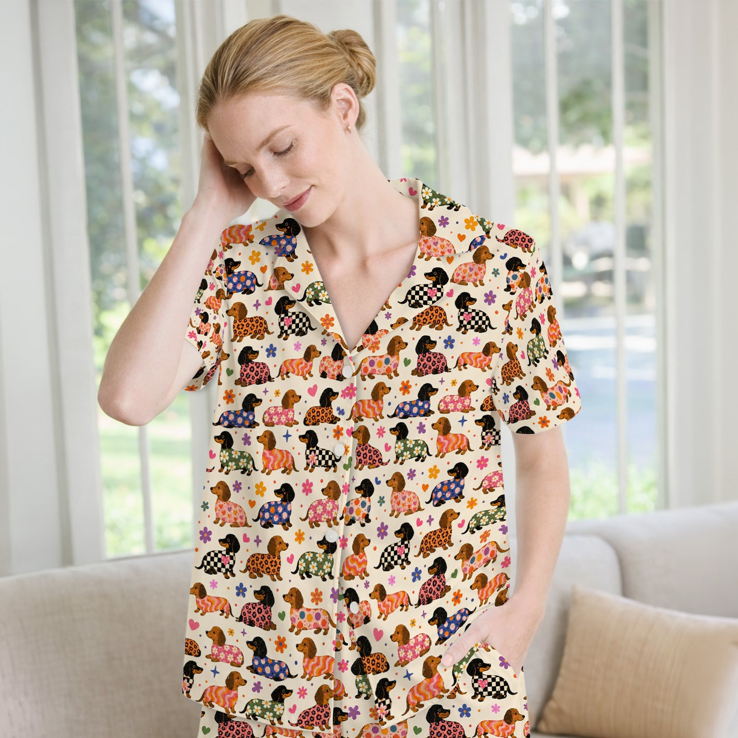 Floral Dachshund Print Pajama Set, Soft Breathable Fabric Comfortable Sleepwear