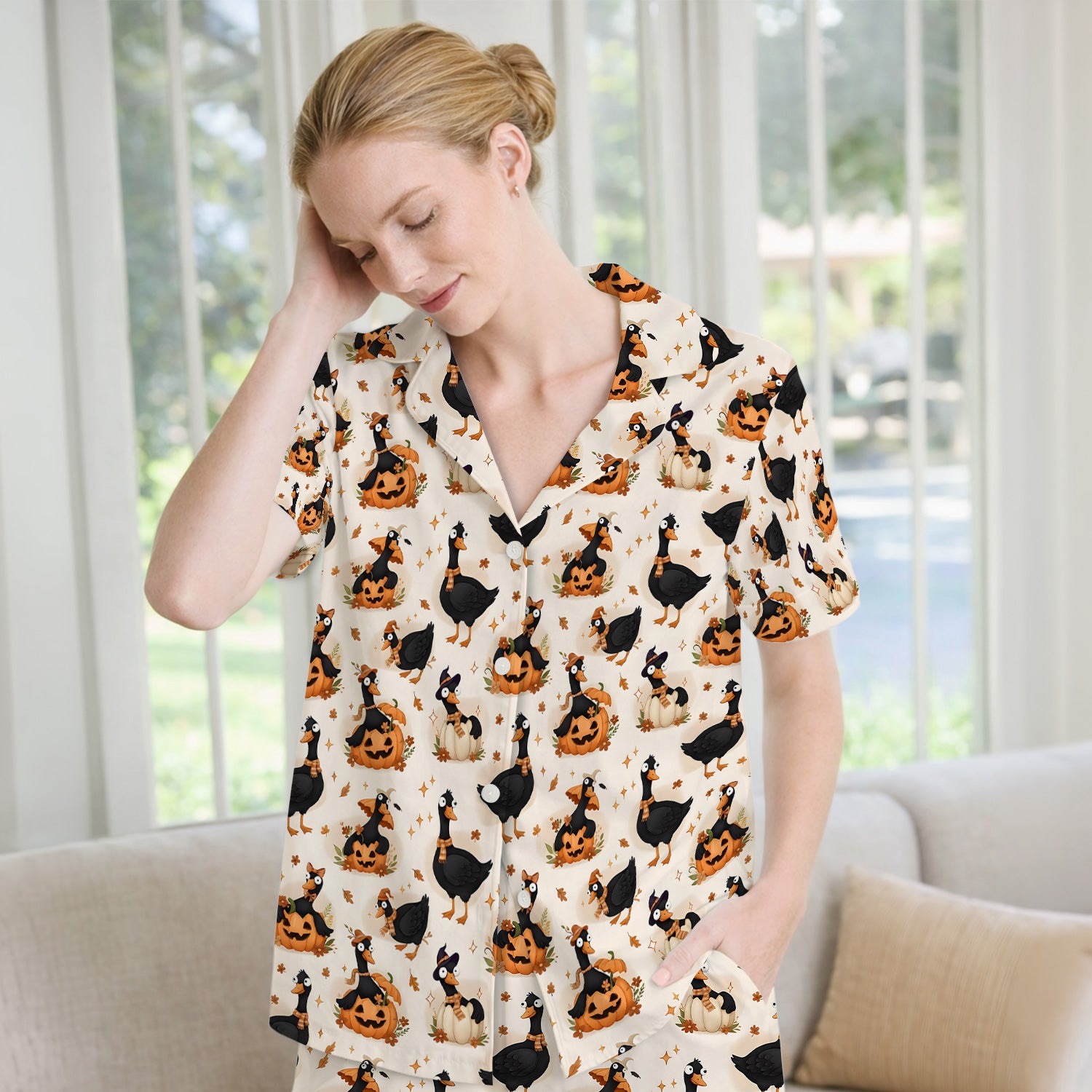 Pumpkin Black Goose Print Pajama Set, Soft Breathable Fabric Comfortable Sleepwear