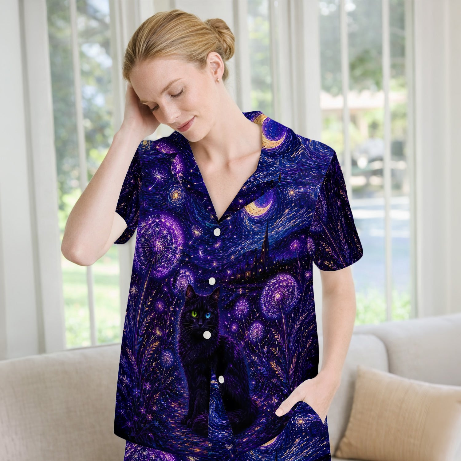 Mystical Black Cat Starry Night Print Pajama Set, Soft Breathable Fabric Comfortable Sleepwear