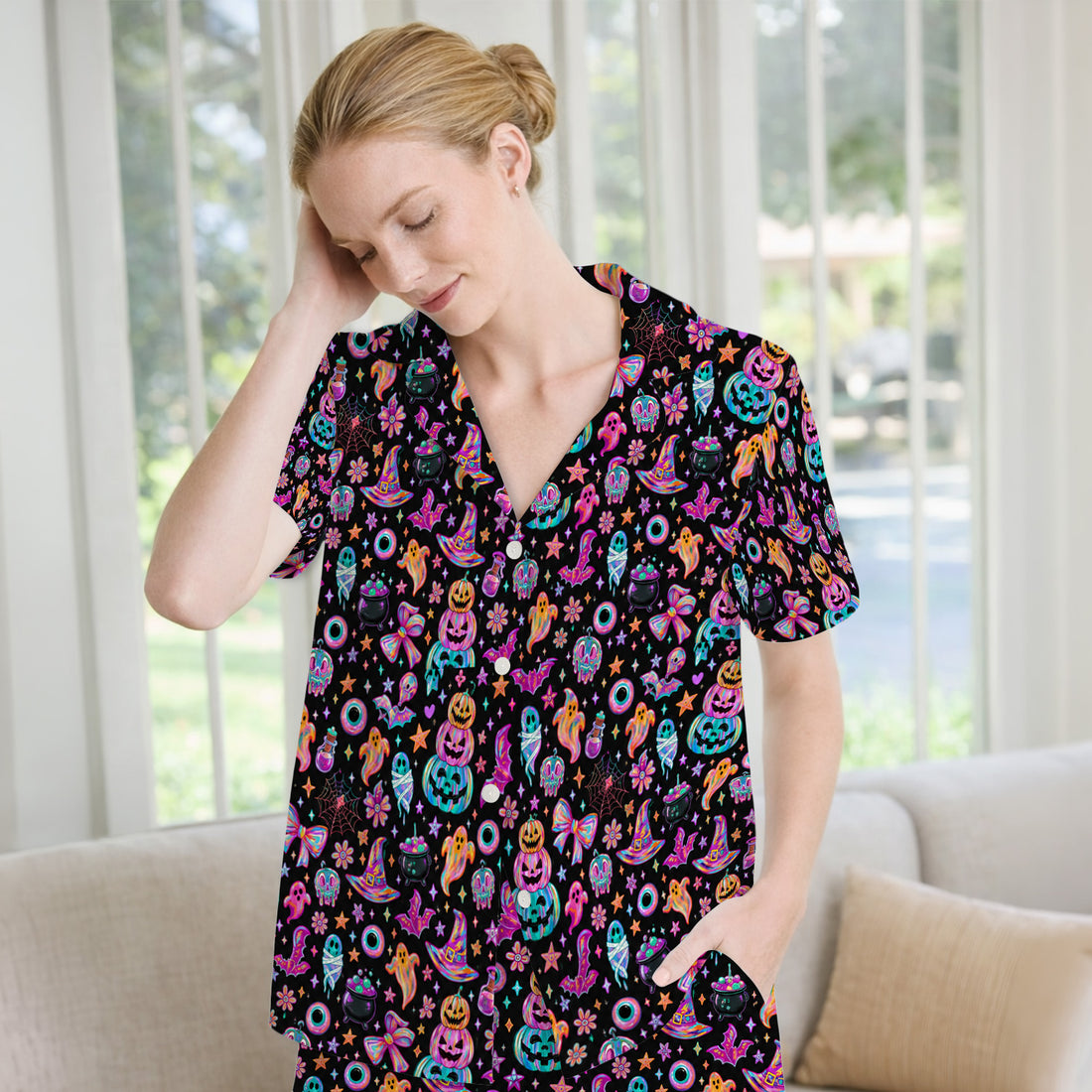 Halloween Ghost with Pumpkin Bat Print Pajama Set, Soft Breathable Fabric Comfortable Sleepwear
