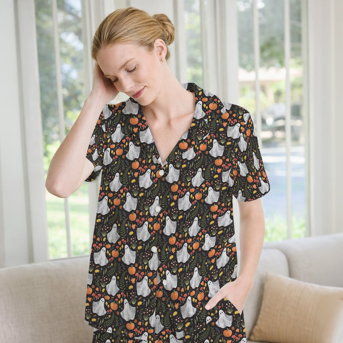 Pumpkin Woodland Pattern Pajama Set, Soft Breathable Fabric Comfortable Sleepwear