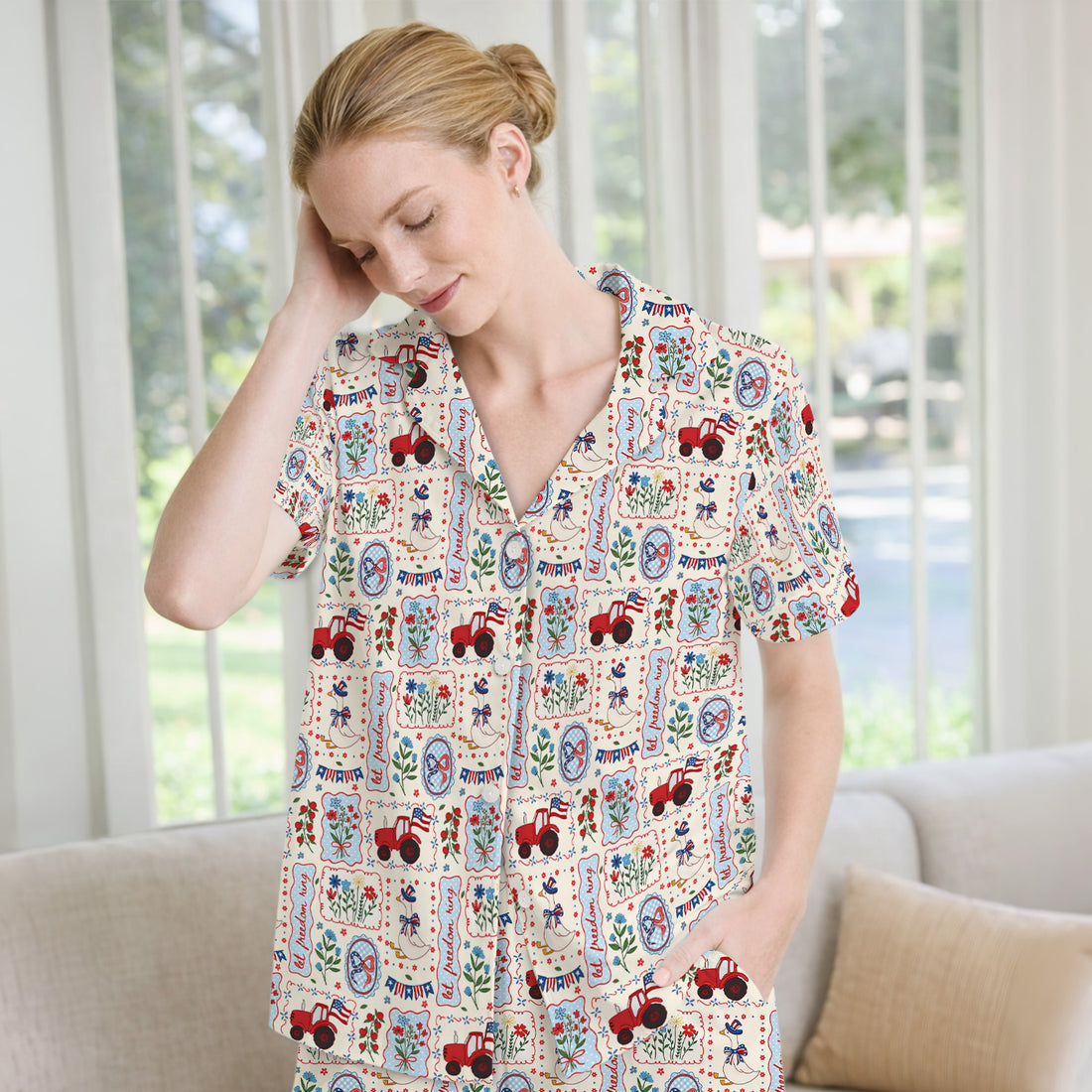 Patriotic Farm Goose Nurse Scrub Top for RN, CNA, Healthcare Workers, Americana Uniform Pajama Set, Soft Breathable Fabric Comfortable Sleepwear