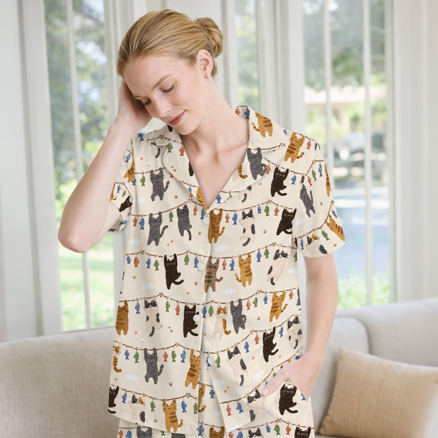 Cute Hanging Cat Fishline Pattern Pajama Set, Soft Breathable Fabric Comfortable Sleepwear