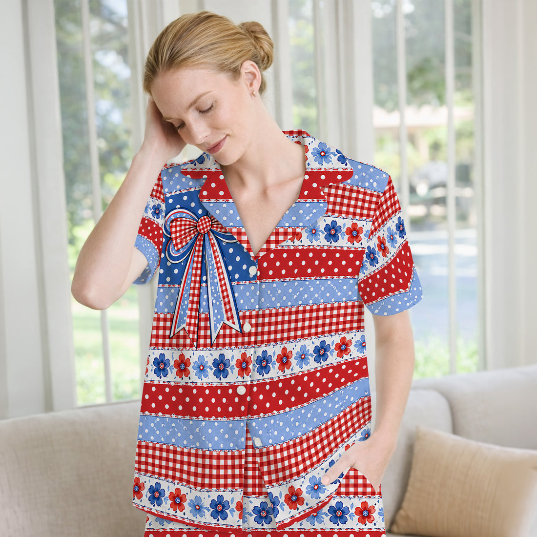 Patriotic Gingham Bow Floral Pattern Pajama Set, Soft Breathable Fabric Comfortable Sleepwear