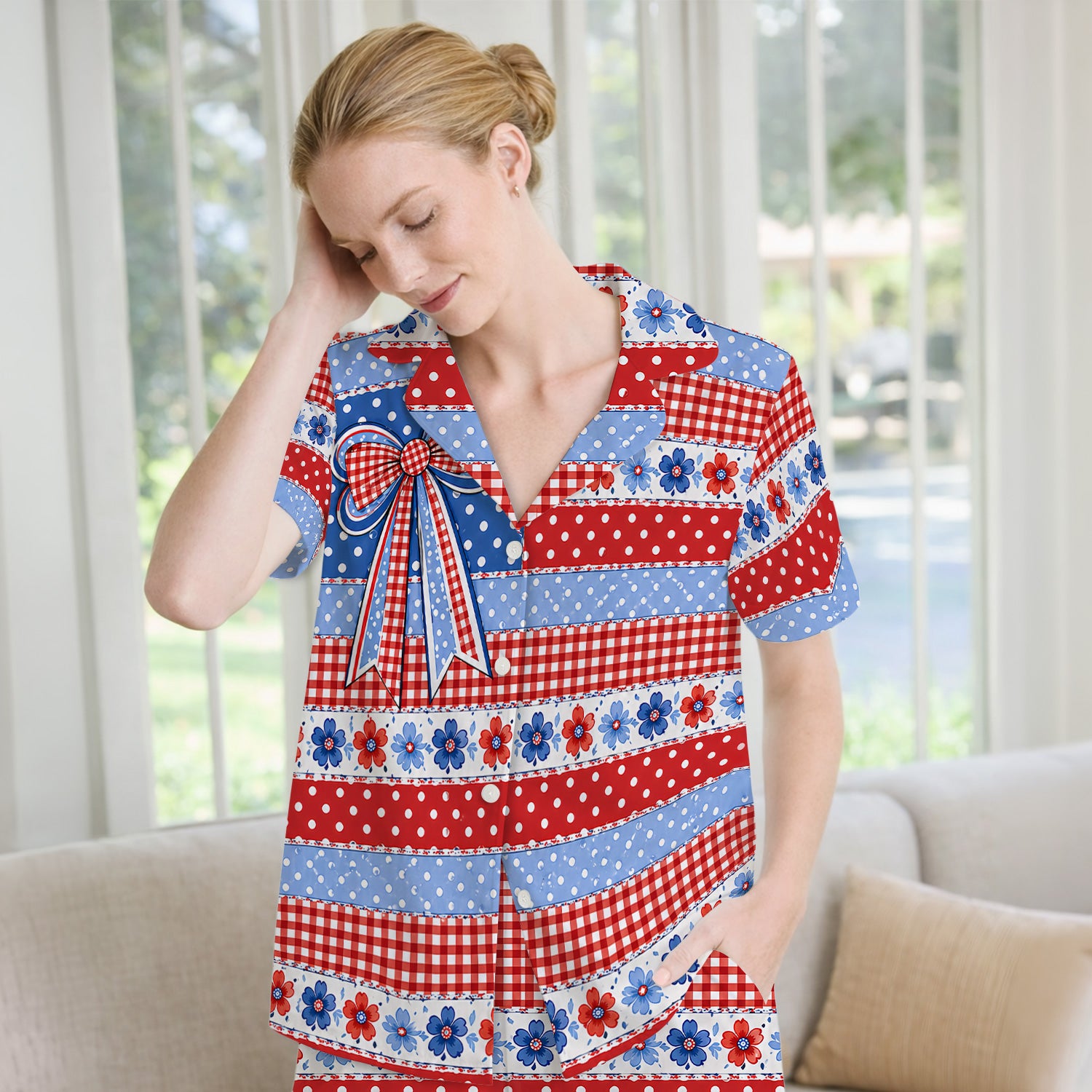 Patriotic Gingham Bow Floral Pattern Pajama Set, Soft Breathable Fabric Comfortable Sleepwear