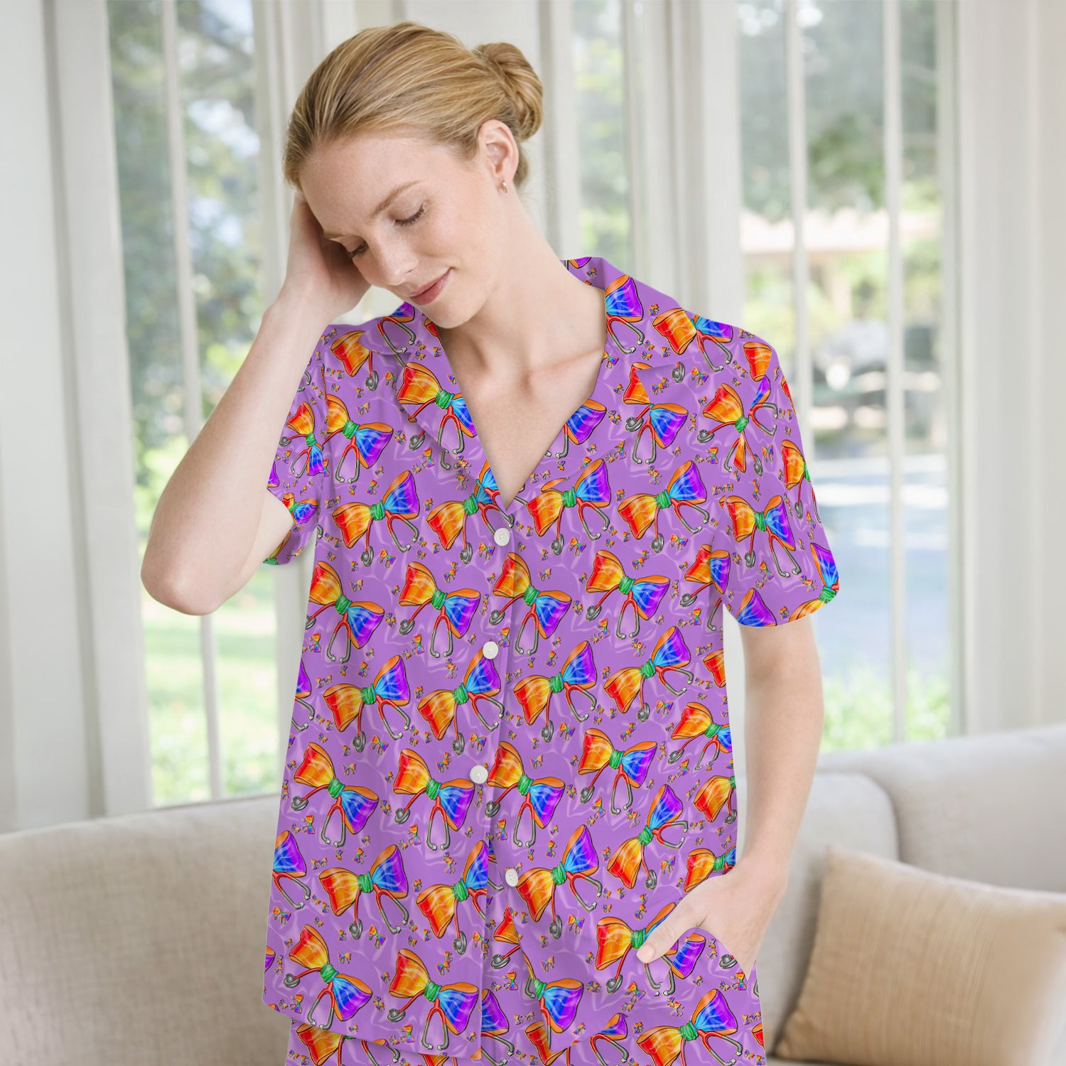 Colorful Rainbow Bow Stethoscope Pattern Pajama Set, Breathable Fabrics Uniform