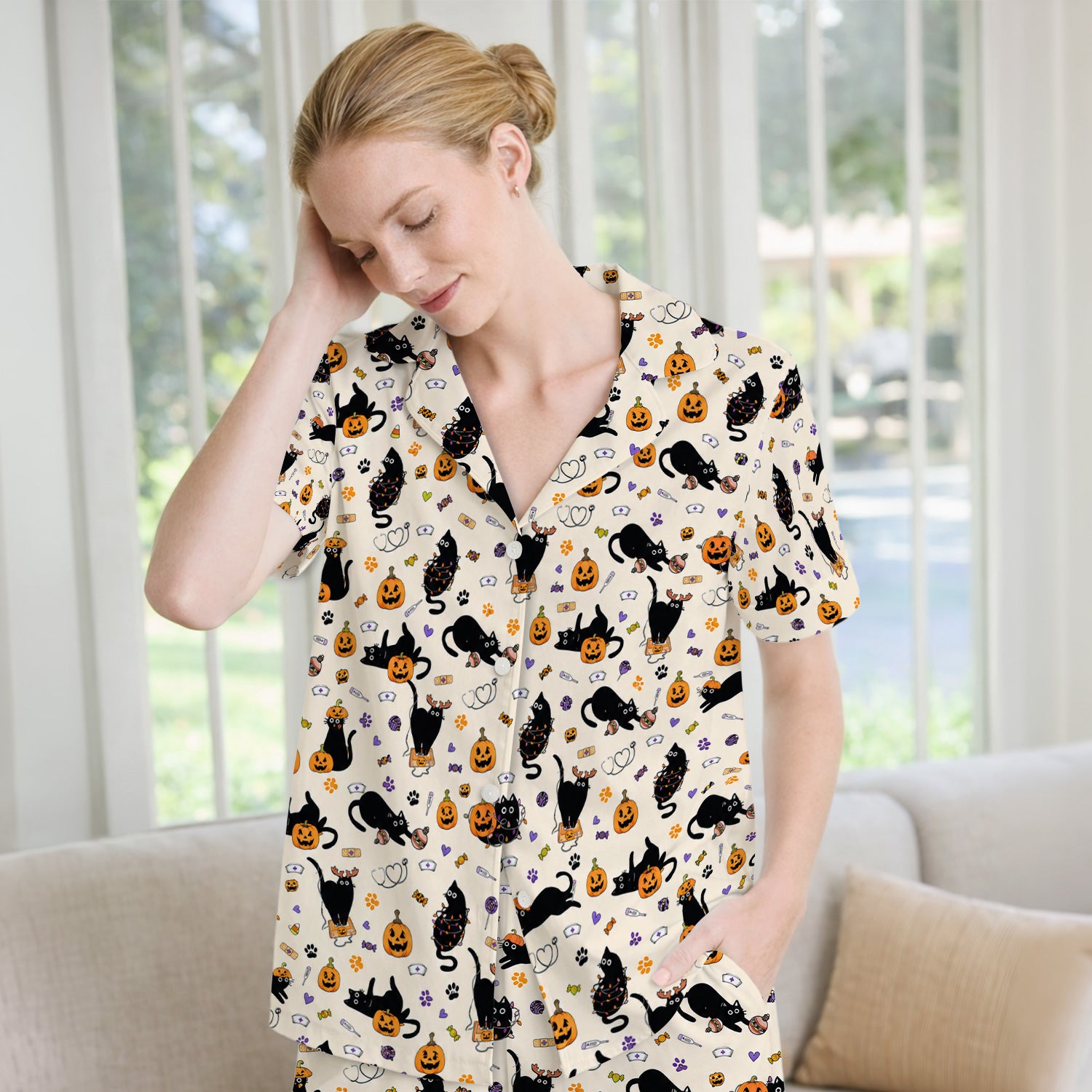 Pumpkin Black Cat Pattern Pajama Set, Soft Breathable Fabric Comfortable Sleepwear