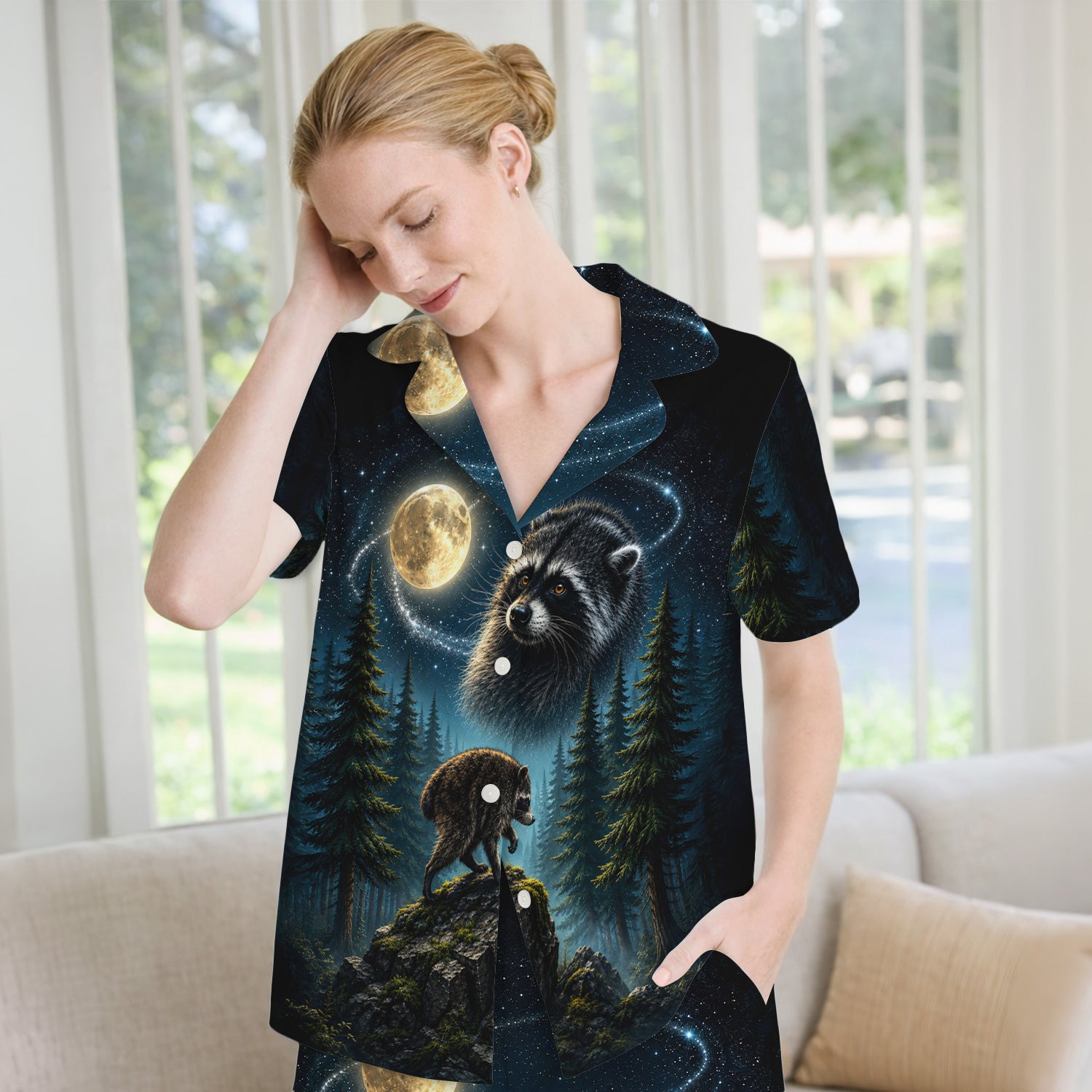 Raccoon On A Moonlit Branch Print Pajama Set, Soft Breathable Fabric Comfortable Sleepwear