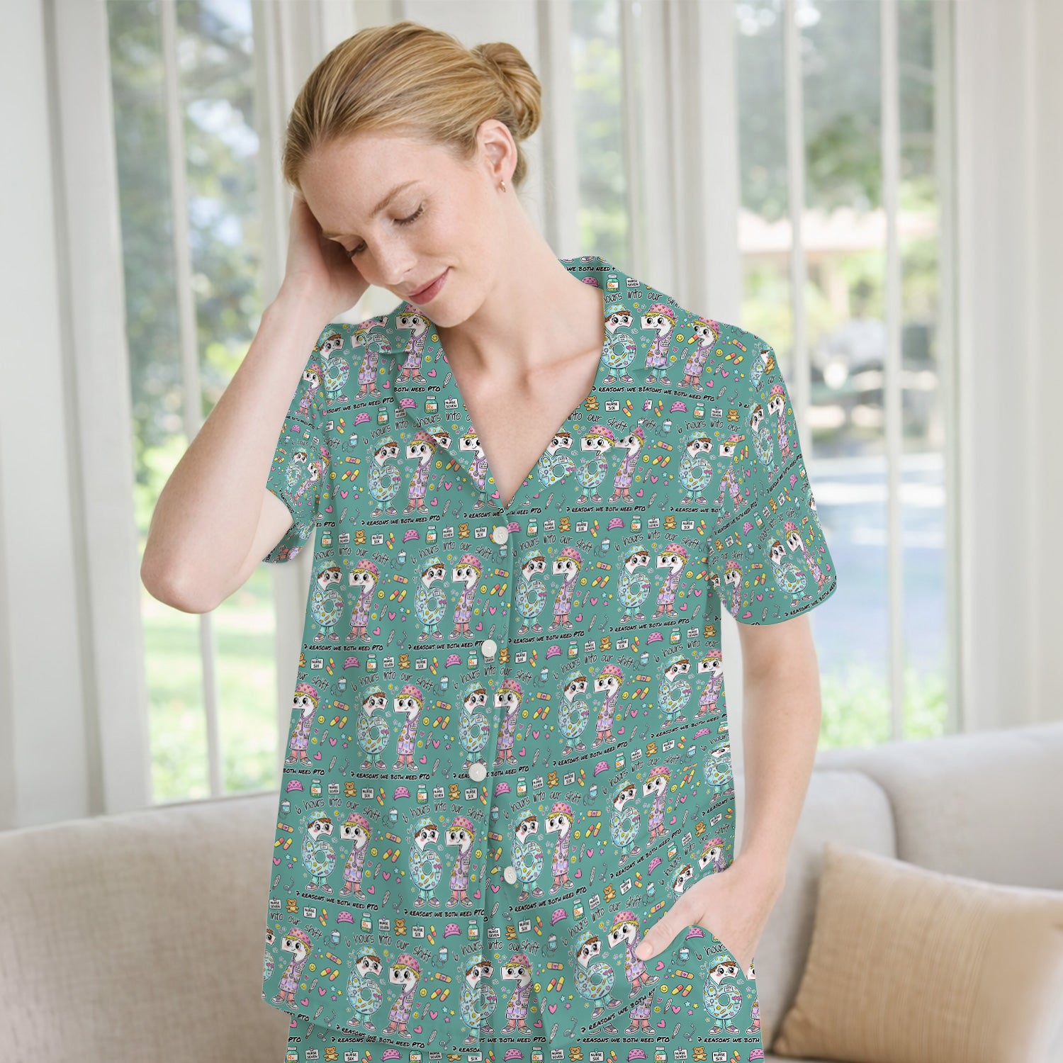 Cartoon Characters Six Hours Into Shift With Medical Doodle Pajama Set, Breathable Fabrics Uniform