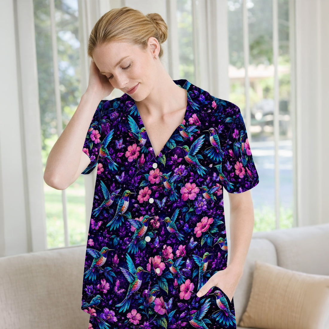 Vibrant Hummingbird Hibiscus Blossom Pattern Pajama Set, Soft Breathable Fabric Comfortable Sleepwear