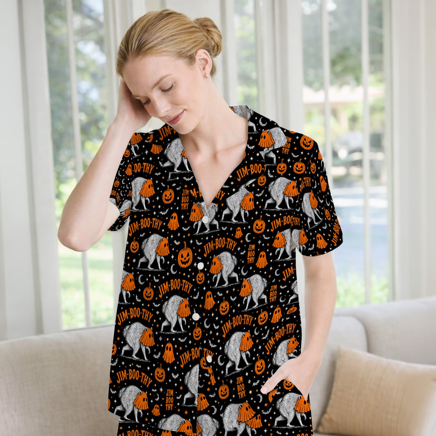 Funny Halloween Ghost Jimothy Pattern Pajama Set, Soft Breathable Fabric Comfortable Sleepwear