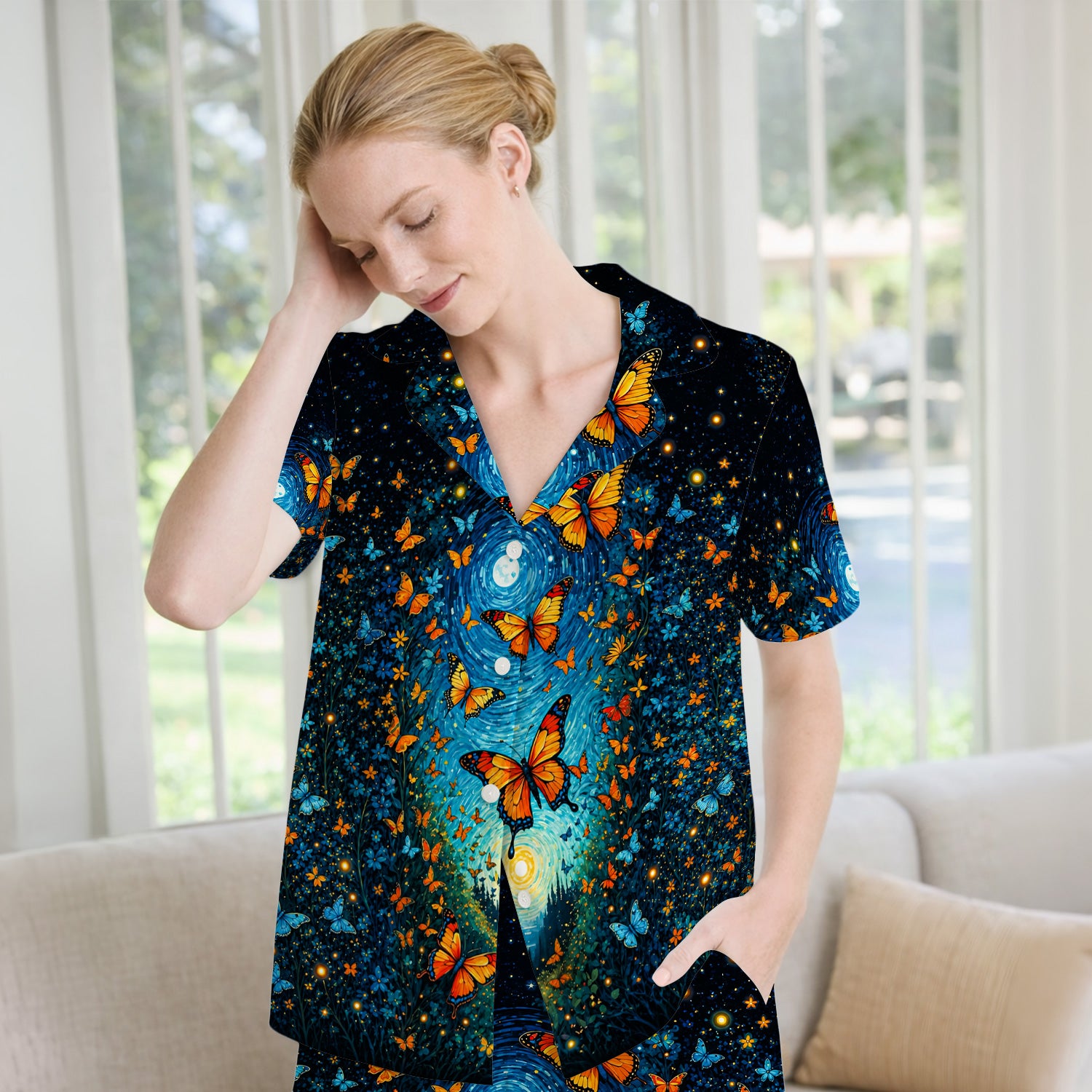 Moonlit Butterfly Nurse Pattern Pajama Set, Soft Breathable Fabric Comfortable Sleepwear