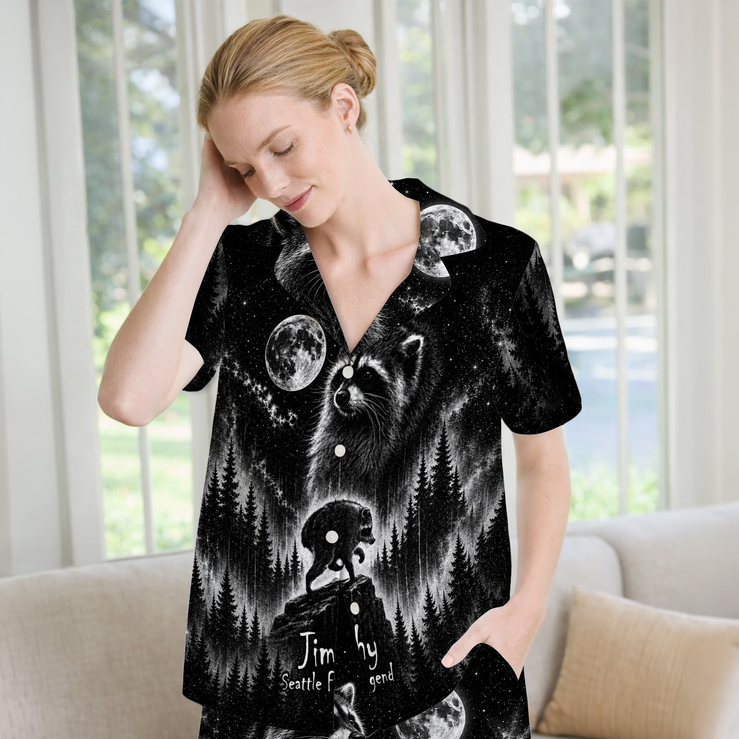 Moonlit Raccoon Forest Print Pajama Set, Soft Breathable Fabric Comfortable Sleepwear