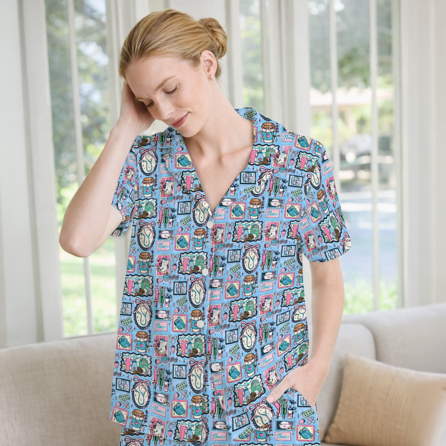 Medical Tools Stethoscope Syringe Frame Pajama Set, Breathable Fabrics Uniform