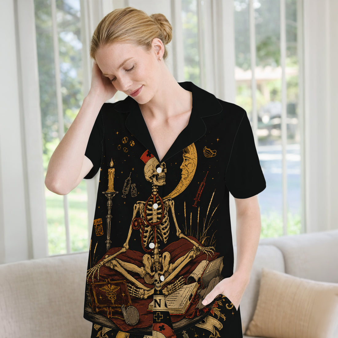 Breast Cancer Skeleton Nurse Pajama Set, Soft Breathable Fabric Comfortable Sleepwear
