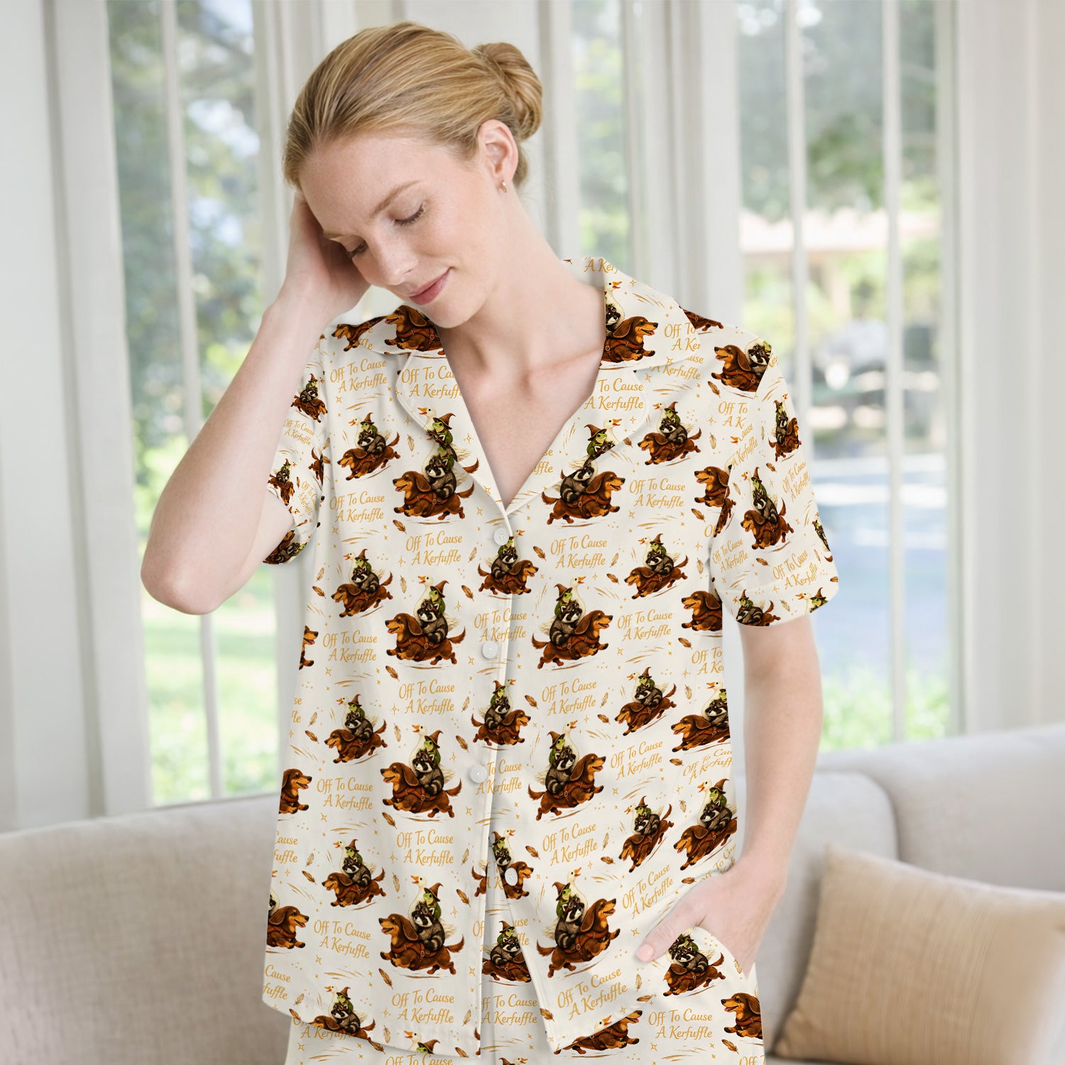 Funny Halloween Off To Cause A Kerfuffle Pattern Pajama Set, Soft Breathable Fabric Comfortable Sleepwear