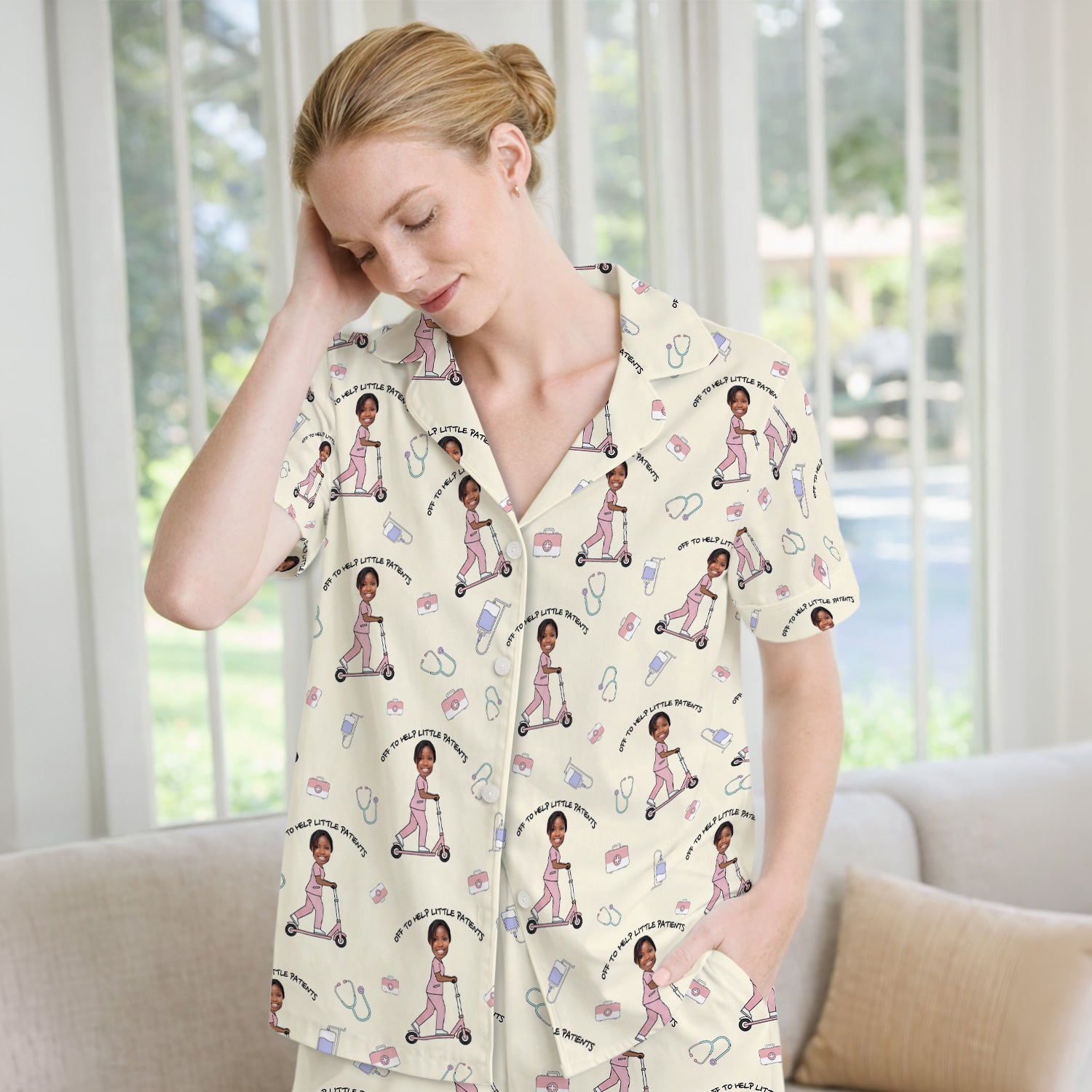 Custom Face Pediatric Nurse Scooter Pattern Pajama Set, Soft Breathable Fabric Comfortable Sleepwear
