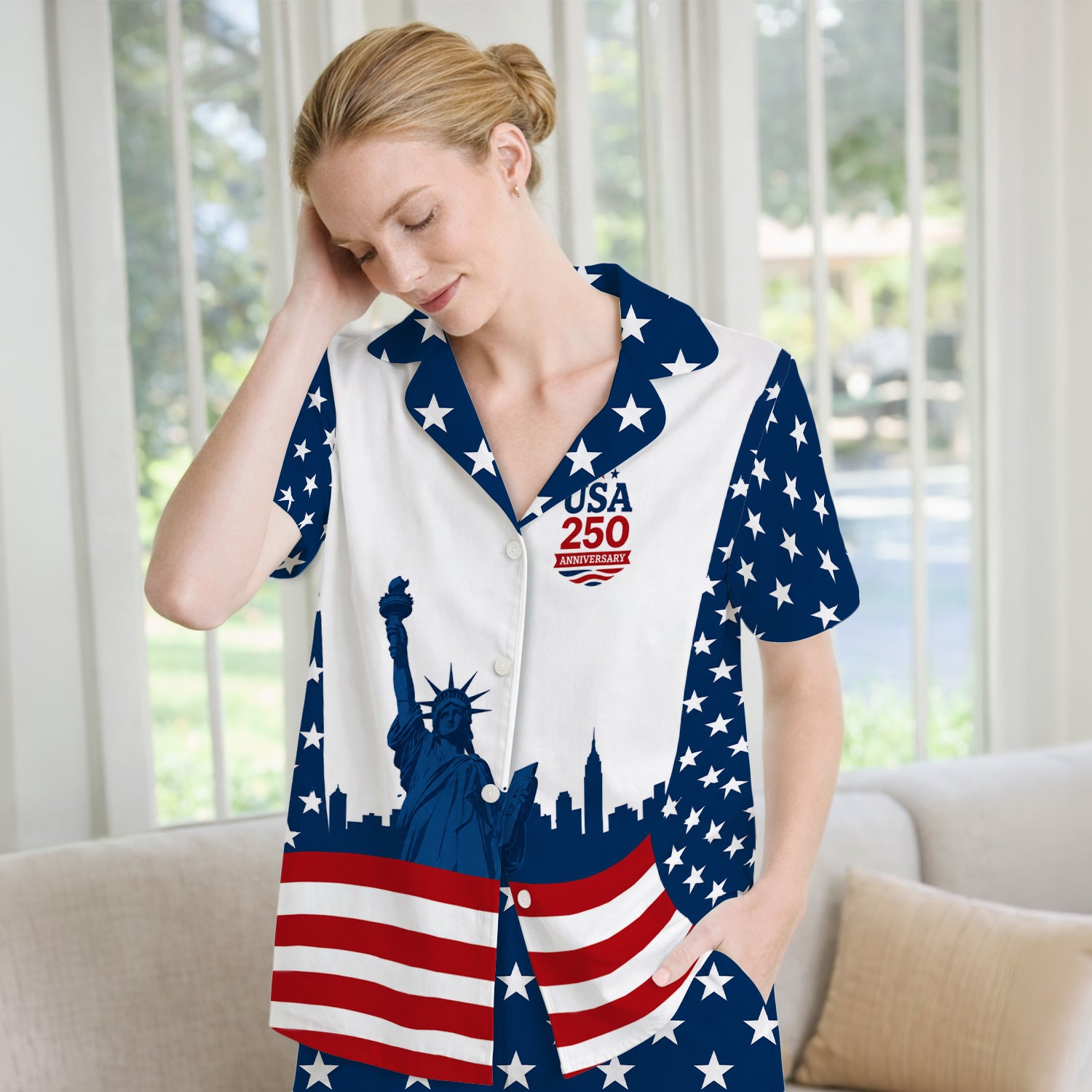 USA 250 Anniversary Patriotic Nurse Scrub Top for RN, CNA, Healthcare Workers Pajama Set, Soft Breathable Fabric Comfortable Sleepwear