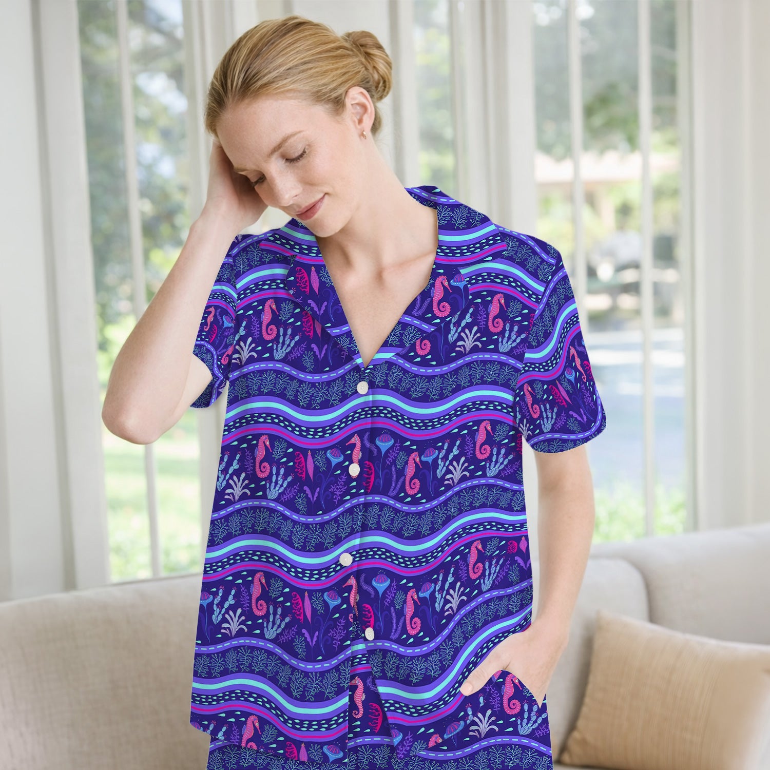 Purple Seahorse Ocean Pattern Pajama Set, Soft Breathable Fabric Comfortable Sleepwear