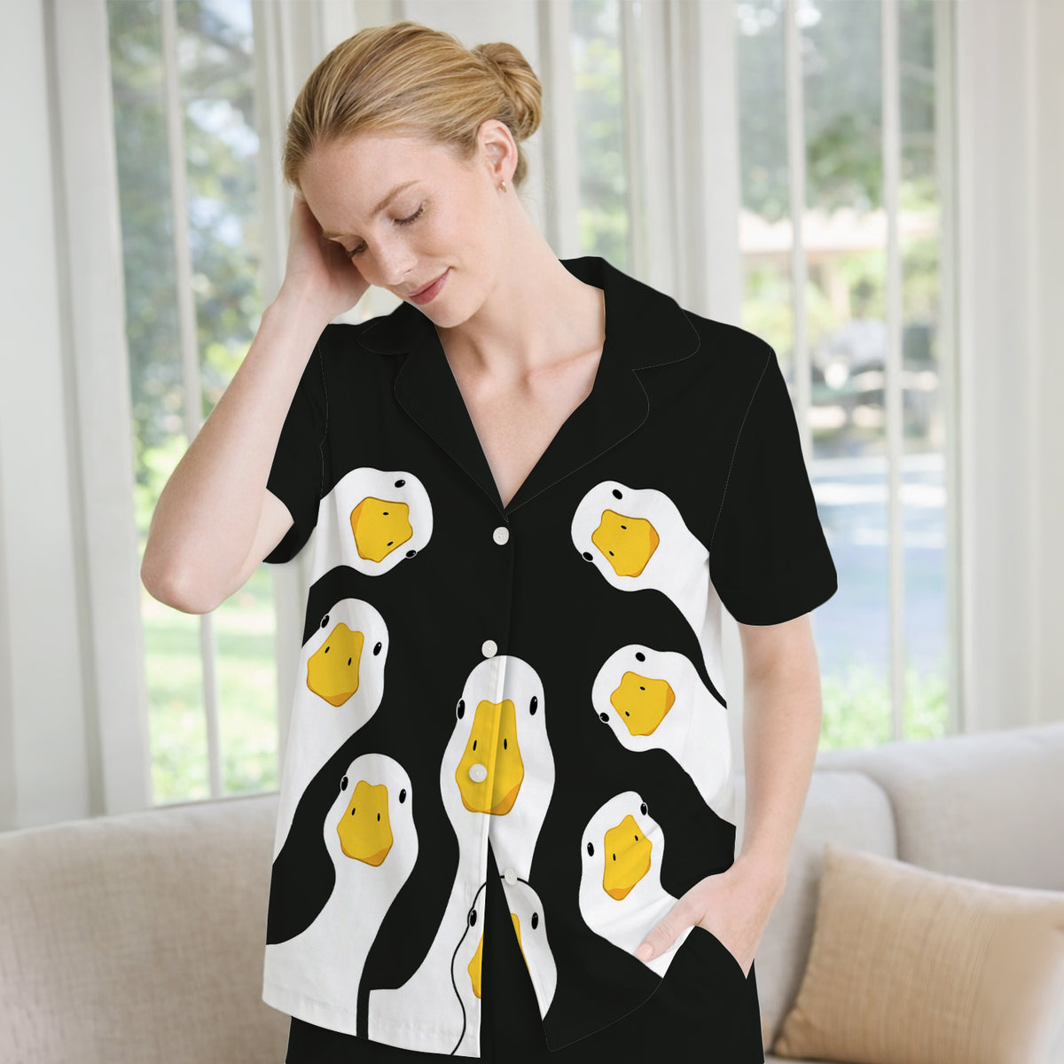 Funny Peekaboo Goose Faces Pajama Set, Soft Breathable Fabric Comfortable Sleepwear