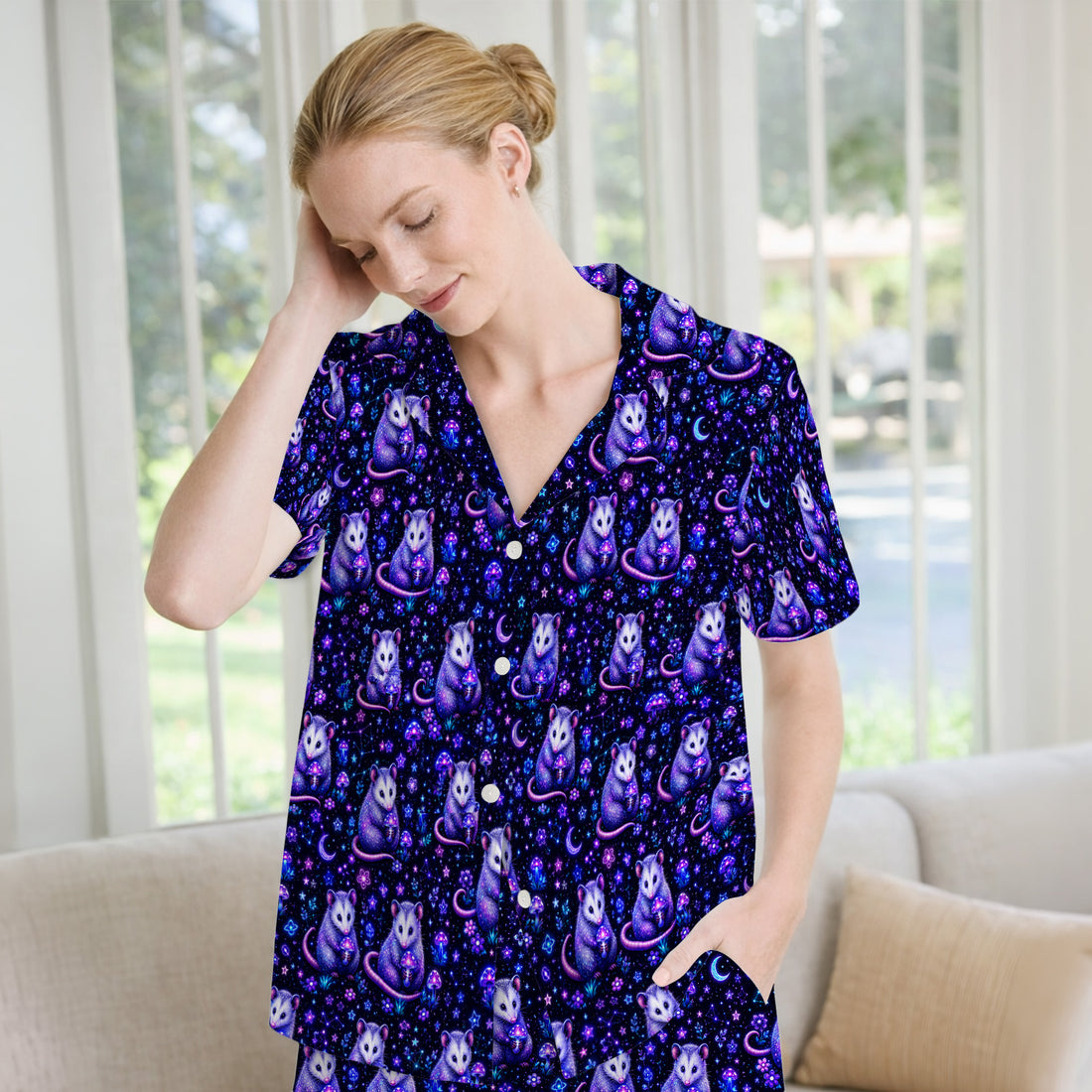 Neon Opossum Mushroom Galaxy Pattern Pajama Set, Soft Breathable Fabric Comfortable Sleepwear