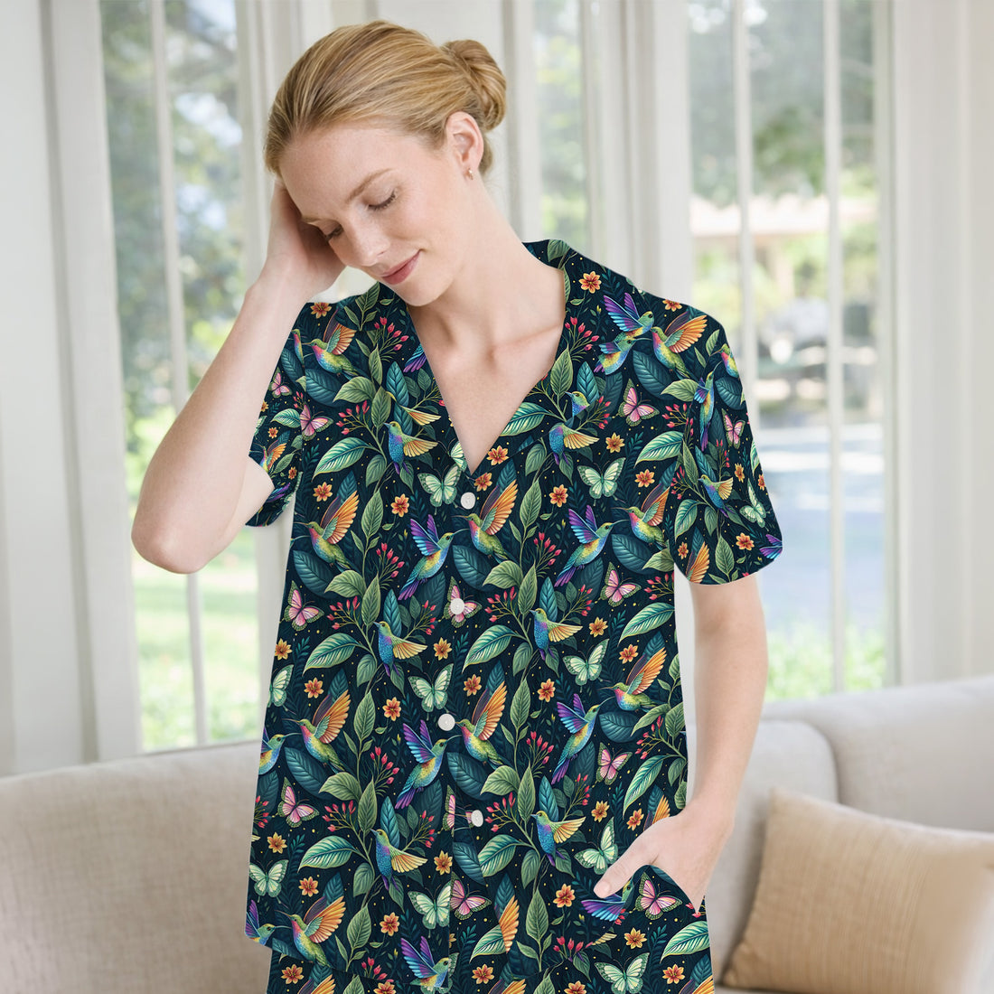 Vibrant Hummingbird Garden Nurse for RN, CNA, Botanical Medical Pajama Set, Soft Breathable Fabric Comfortable Sleepwear