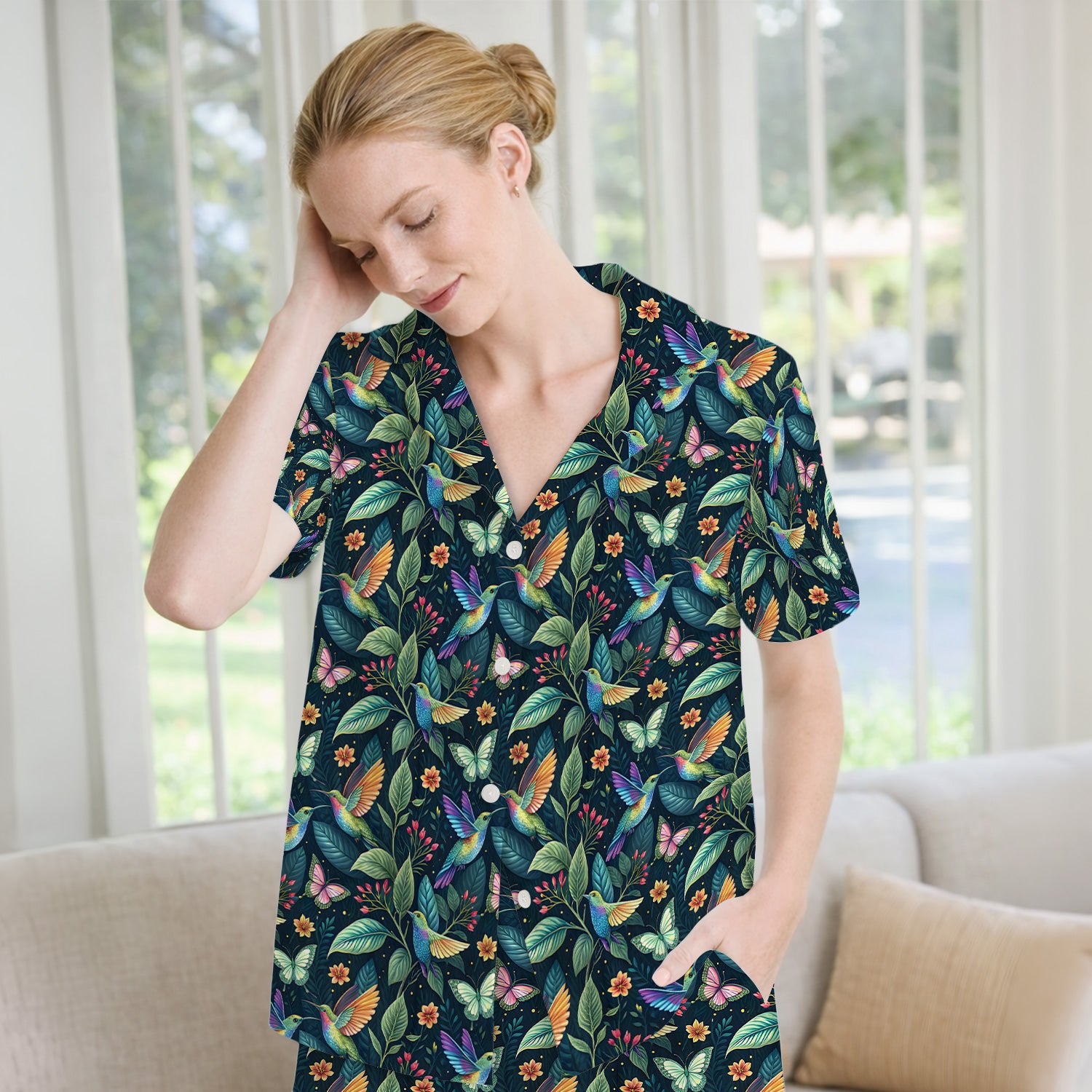 Vibrant Hummingbird Garden Nurse for RN, CNA, Botanical Medical Pajama Set, Soft Breathable Fabric Comfortable Sleepwear