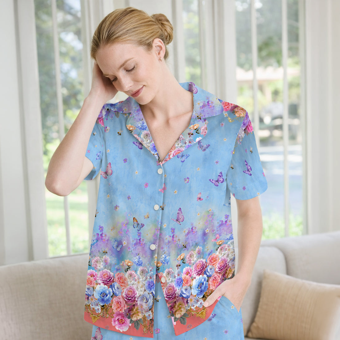 Pastel Flower Garden Print Pajama Set, Soft Breathable Fabric Comfortable Sleepwear