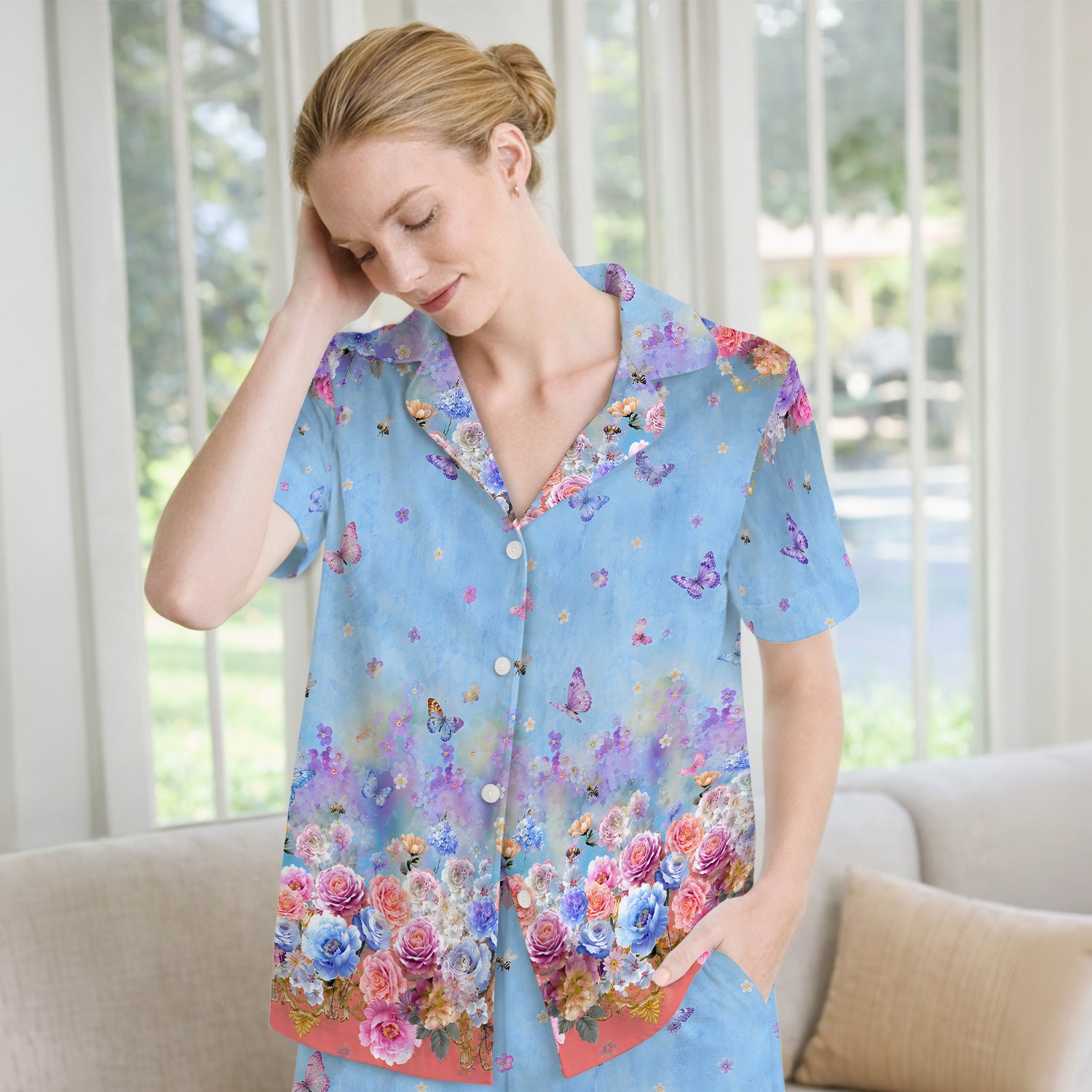 Pastel Flower Garden Print Pajama Set, Soft Breathable Fabric Comfortable Sleepwear