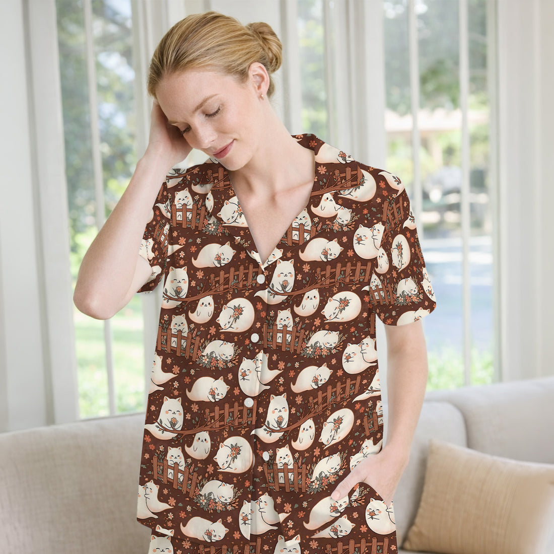 Floral Cat with Garden Fence Print Pajama Set, Soft Breathable Fabric Comfortable Sleepwear