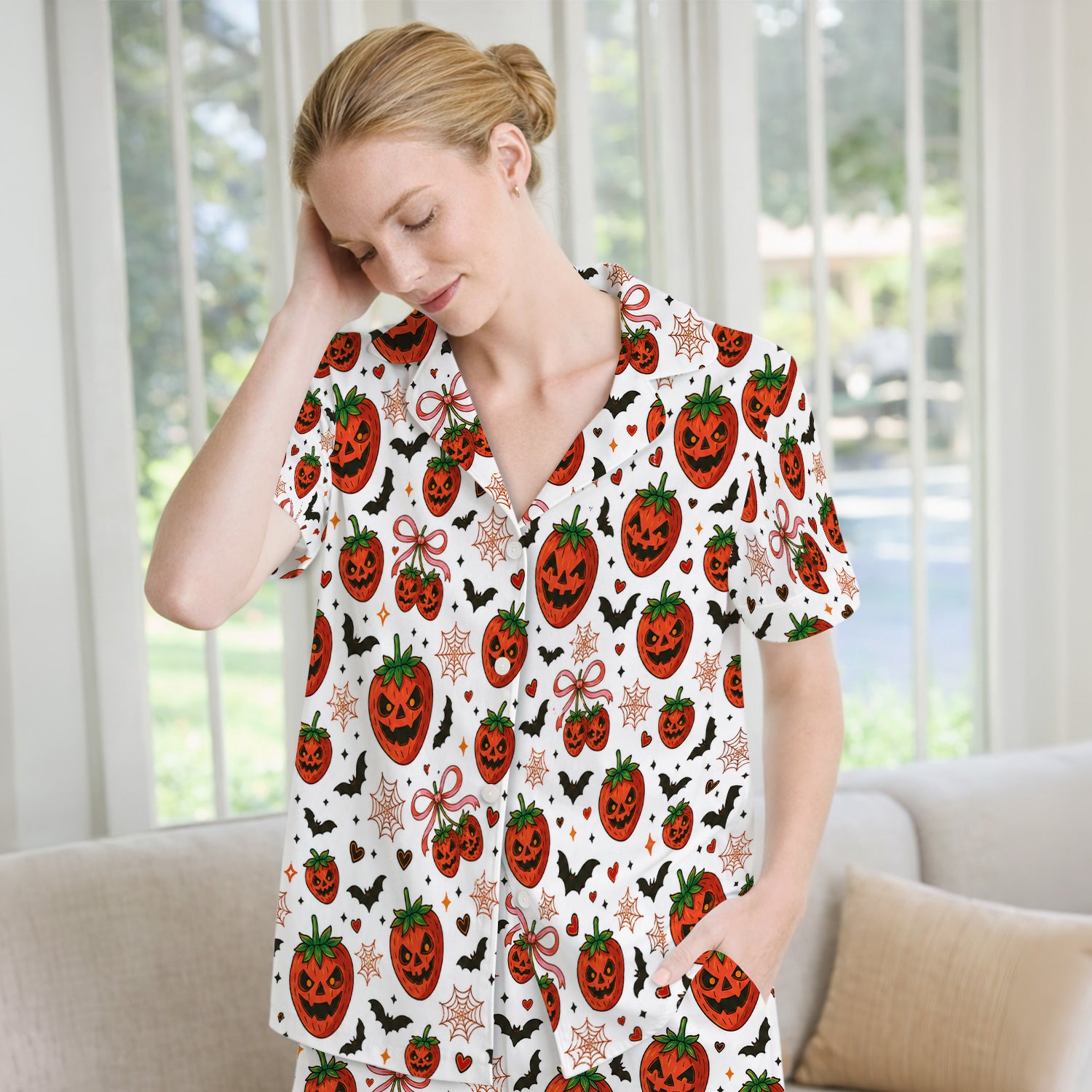 Sweet Halloween Strawberry Jack O Lanterns Pajama Set, Soft Breathable Fabric Comfortable Sleepwear
