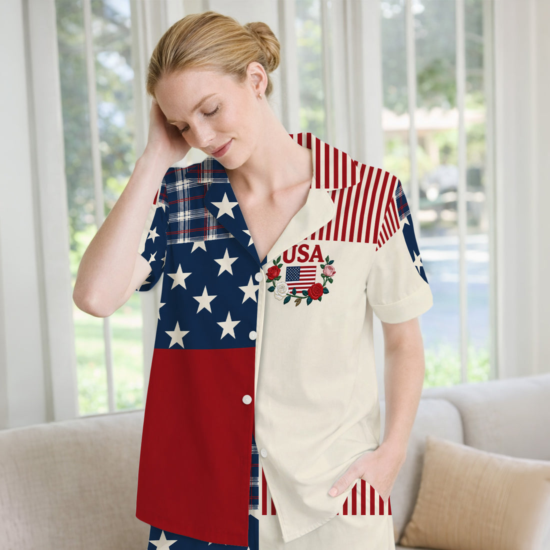USA Flag Rose Patchwork Pattern Pajama Set, Soft Breathable Fabric Comfortable Sleepwear