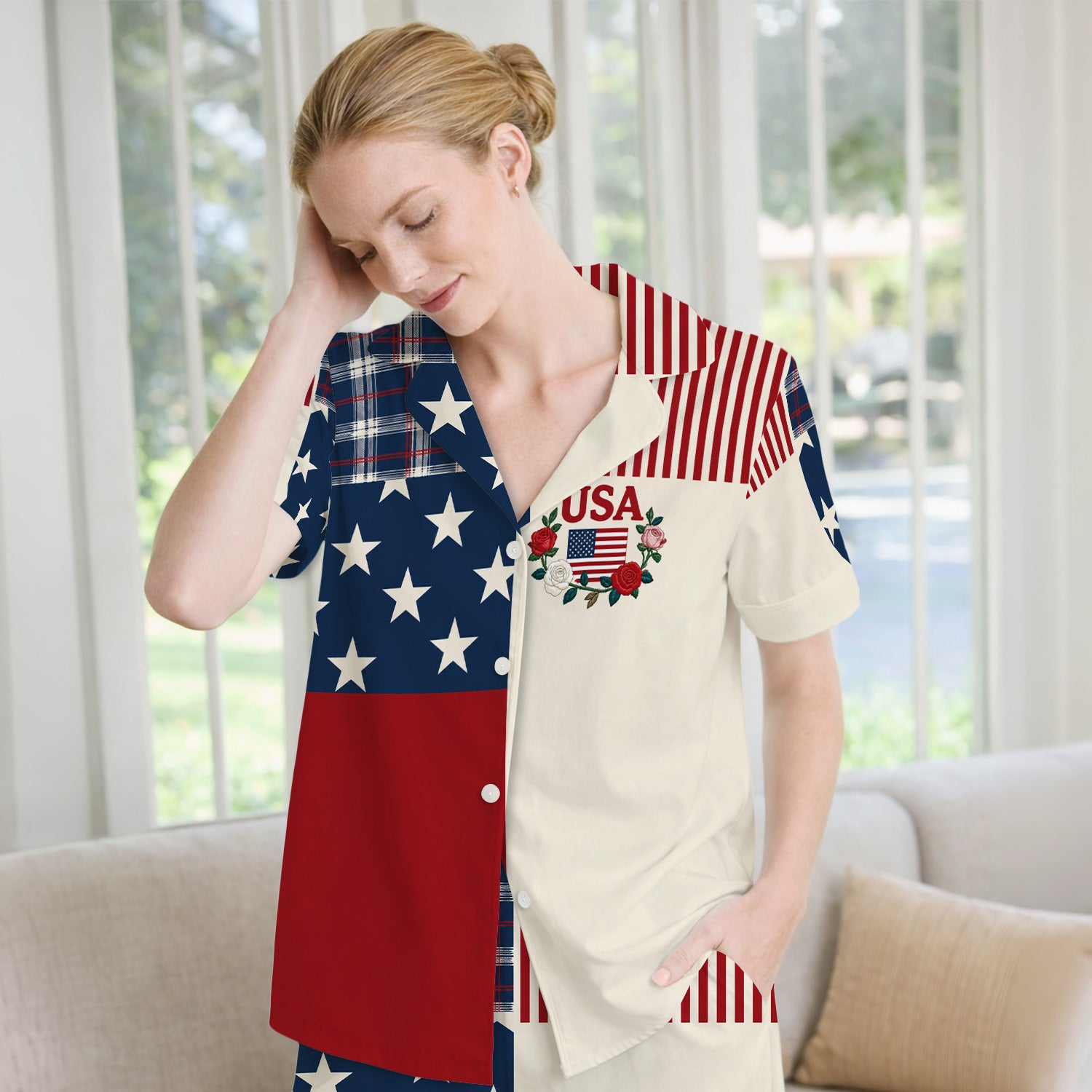 USA Flag Rose Patchwork Pattern Pajama Set, Soft Breathable Fabric Comfortable Sleepwear
