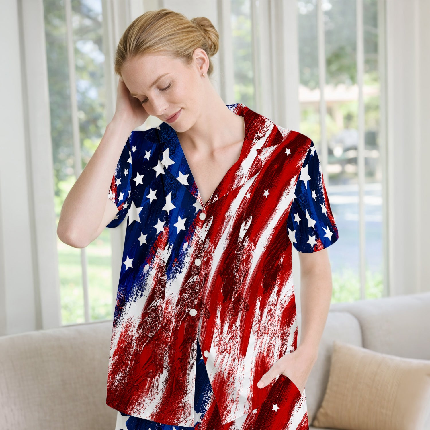 Patriotic American Flag Nurse Scrub Top for RN, CNA, Healthcare Workers, USA Medical Uniform Pajama Set, Soft Breathable Fabric Comfortable Sleepwear