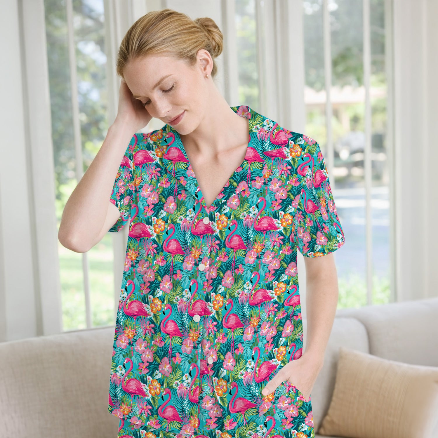 Tropical Flamingo Floral Pattern Pajama Set, Soft Breathable Fabric Comfortable Sleepwear